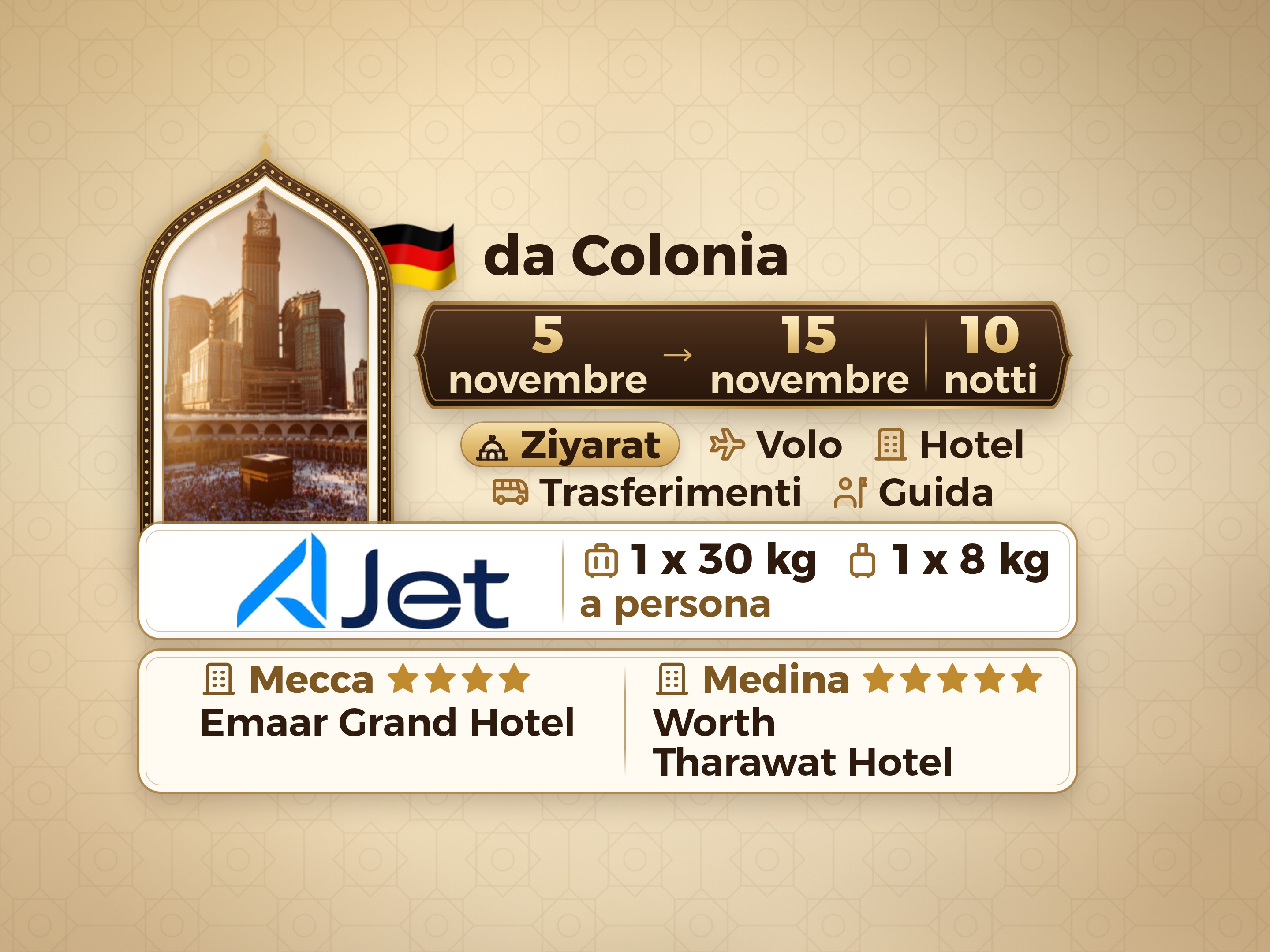 Pacchetto Umrah di 12 giorni da Colonia, Tharawat Worth Madinah e Emaar Grand Makkah, La Mecca – Umrah Express – 1