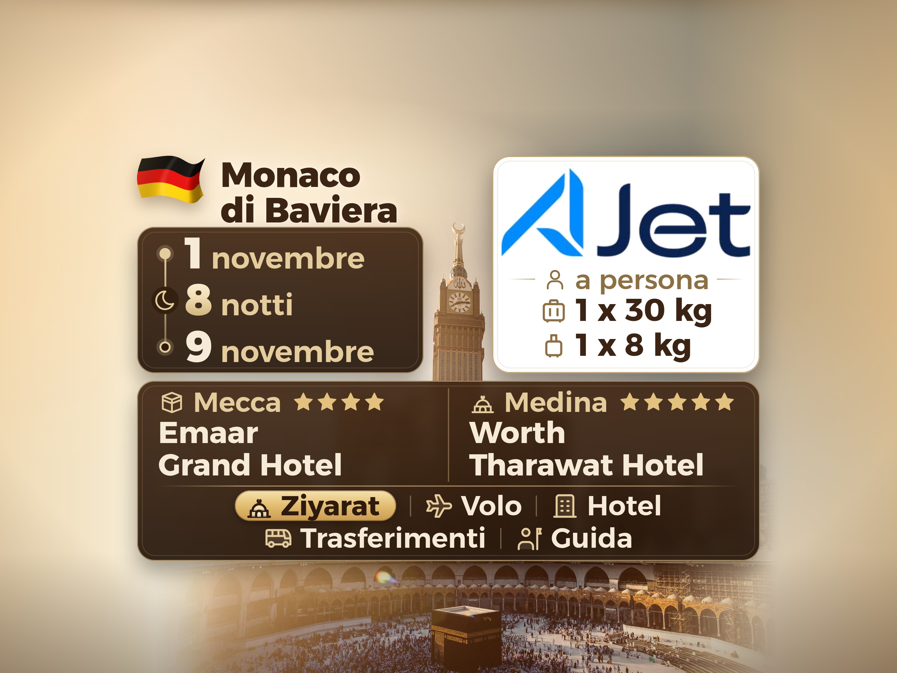 Pacchetto Umrah 10 Giorni da Monaco, Tharawat Worth Madinah e Emaar Grand Makkah, La Mecca – Umrah Express – 1