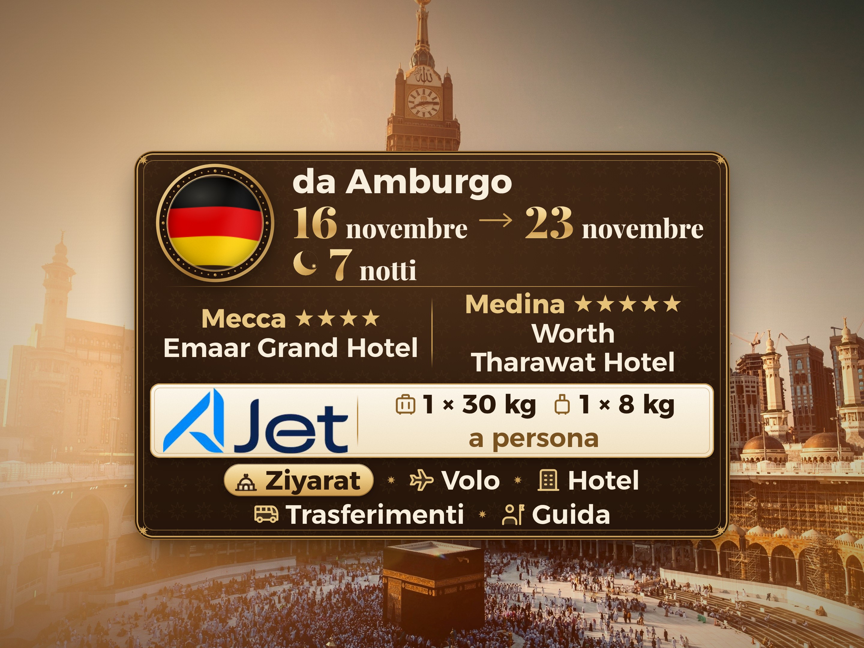 Pacchetto Umrah di 9 giorni da Amburgo, Tharawat Worth Madinah e Emaar Grand Makkah, La Mecca – Umrah Express – 1