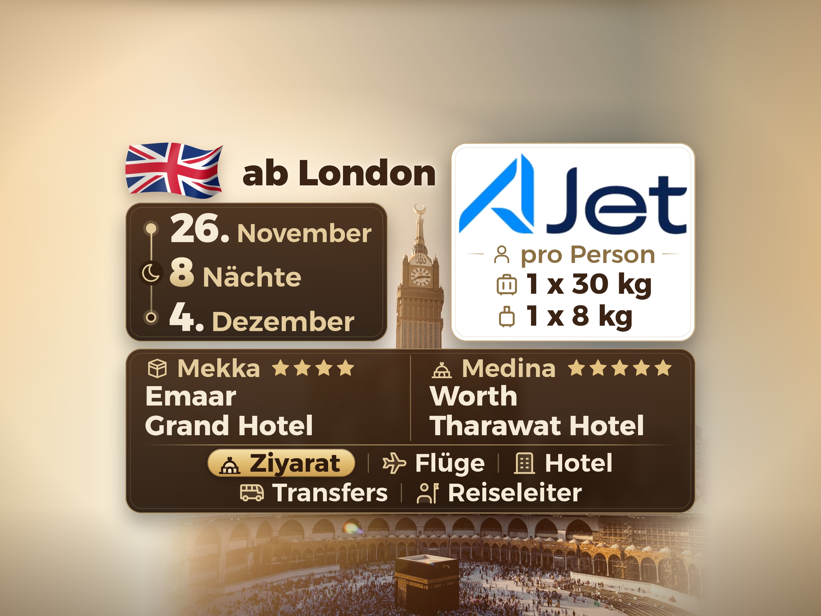 Umrah-Paket 10 Tage ab London, Tharawat Worth Madinah und Emaar Grand Makkah, Mekka – Umrah Express – 1