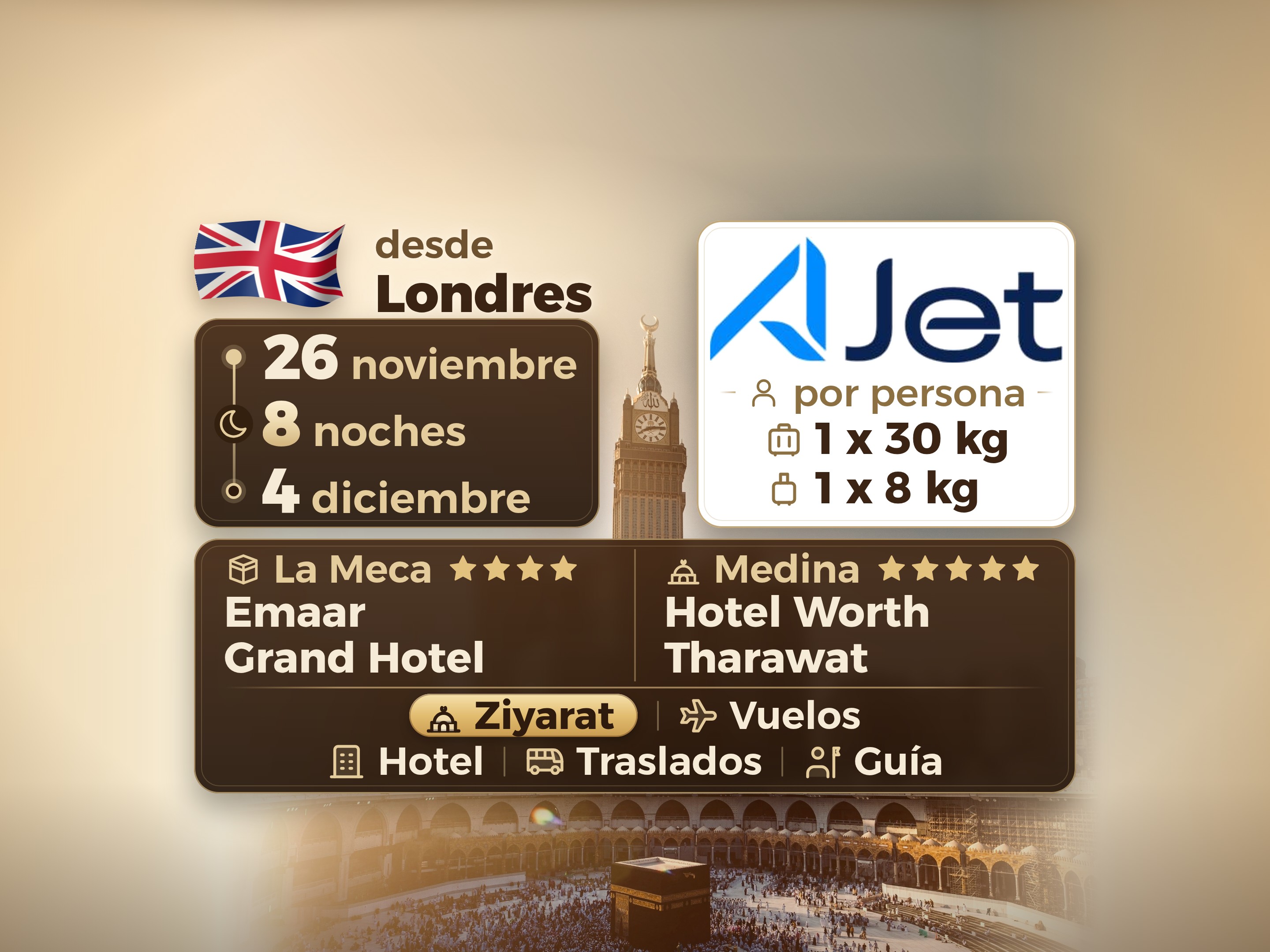 Paquete de Umrah de 10 Días desde Londres, Tharawat Worth Madinah y Emaar Grand Makkah, La Meca – Umrah Express – 1