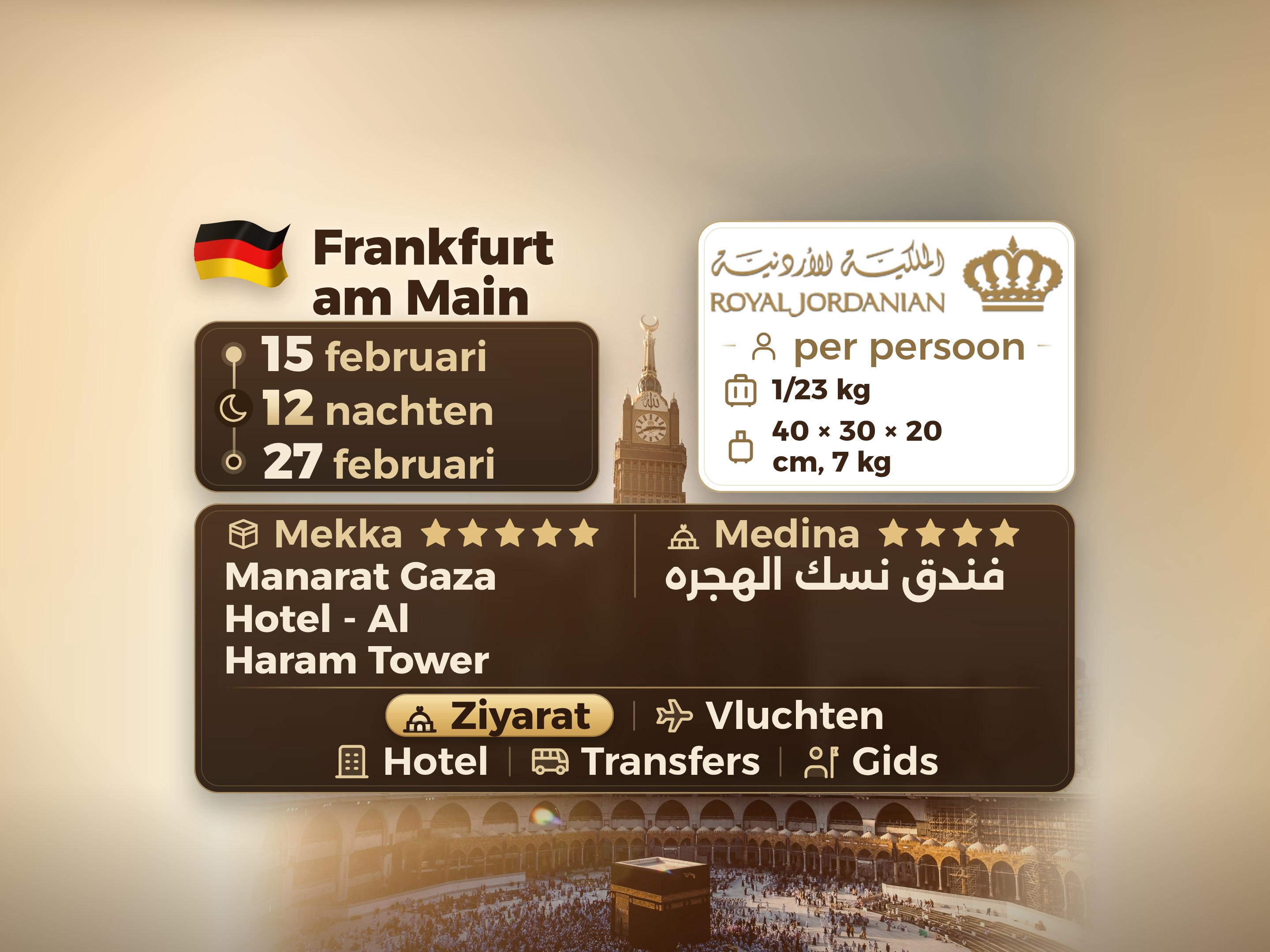 Ramadan Kareem Umrah Pakket voor 13 dagen en 12 nachten in Hotel Manarat Giza in Makkah en Hotel Nusk Hajj in Madinah