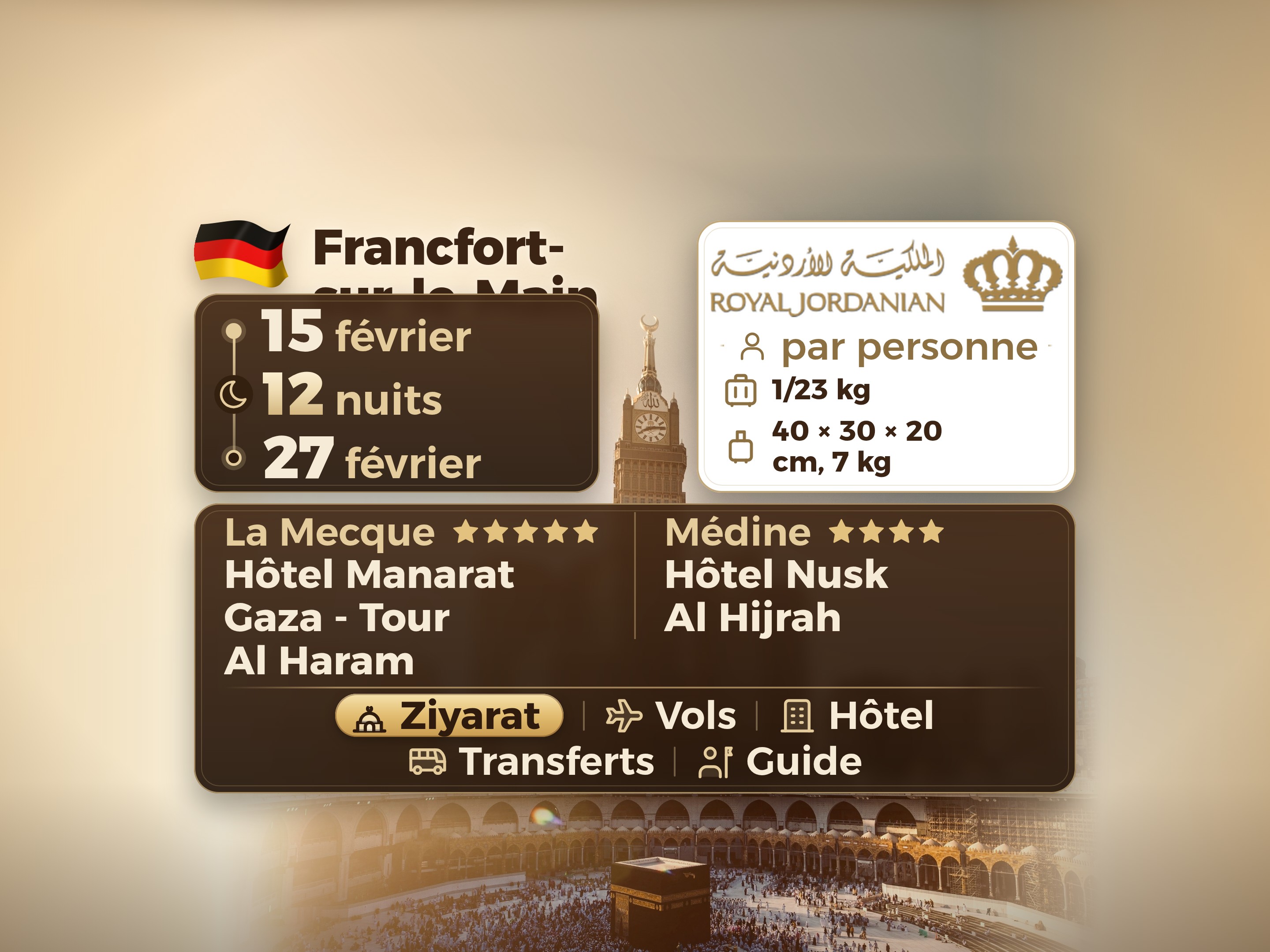 Forfait Umrah Ramadan Kareem de 13 jours et 12 nuits à l'hôtel Manarat Giza à Makkah et à l'hôtel Nusk Hajj à Madinah