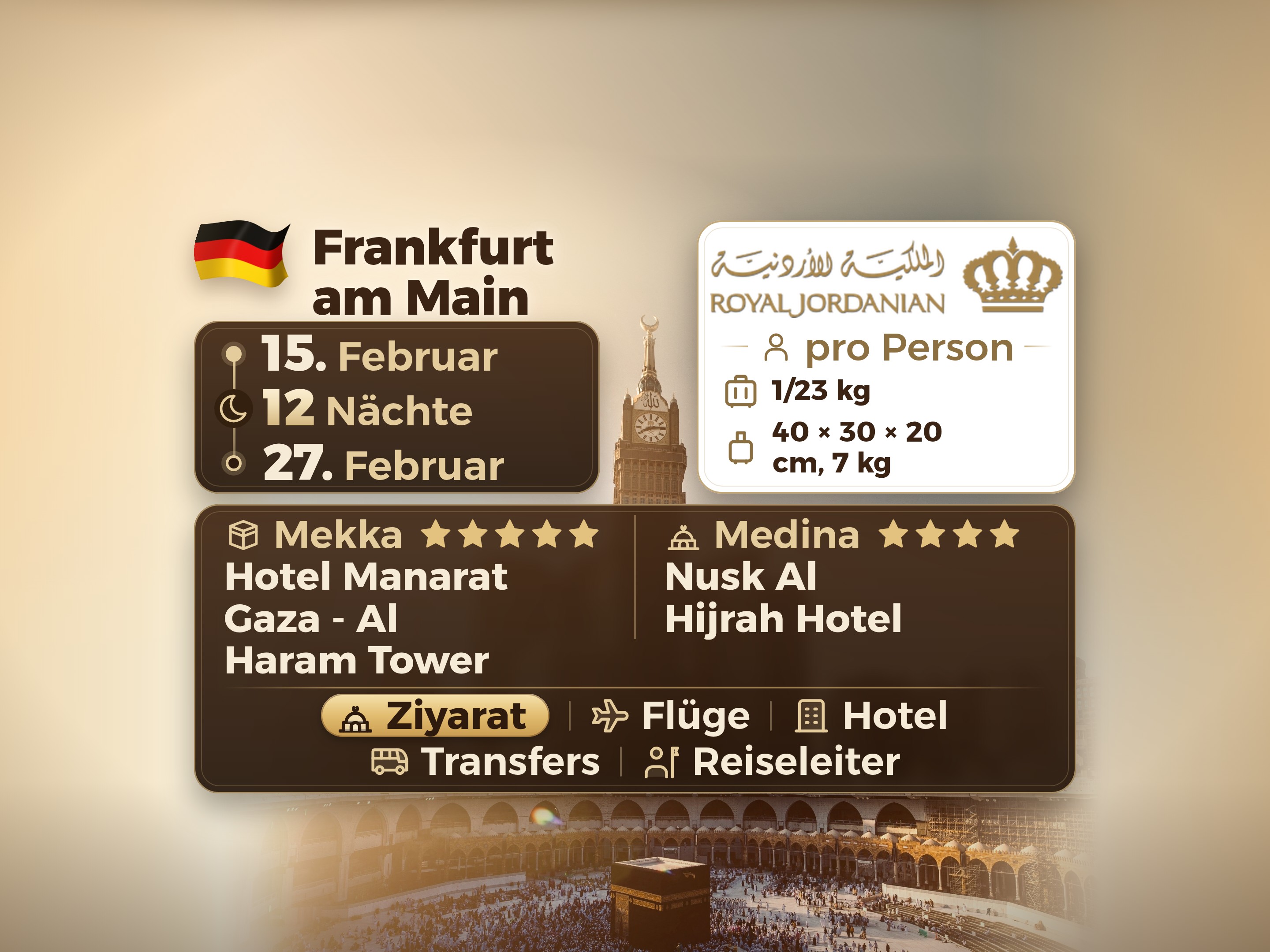Ramadan Kareem Umrah-Paket für 13 Tage und 12 Nächte im Manarat Giza Hotel in Mekka und im Nusk Hajj Hotel in Medina