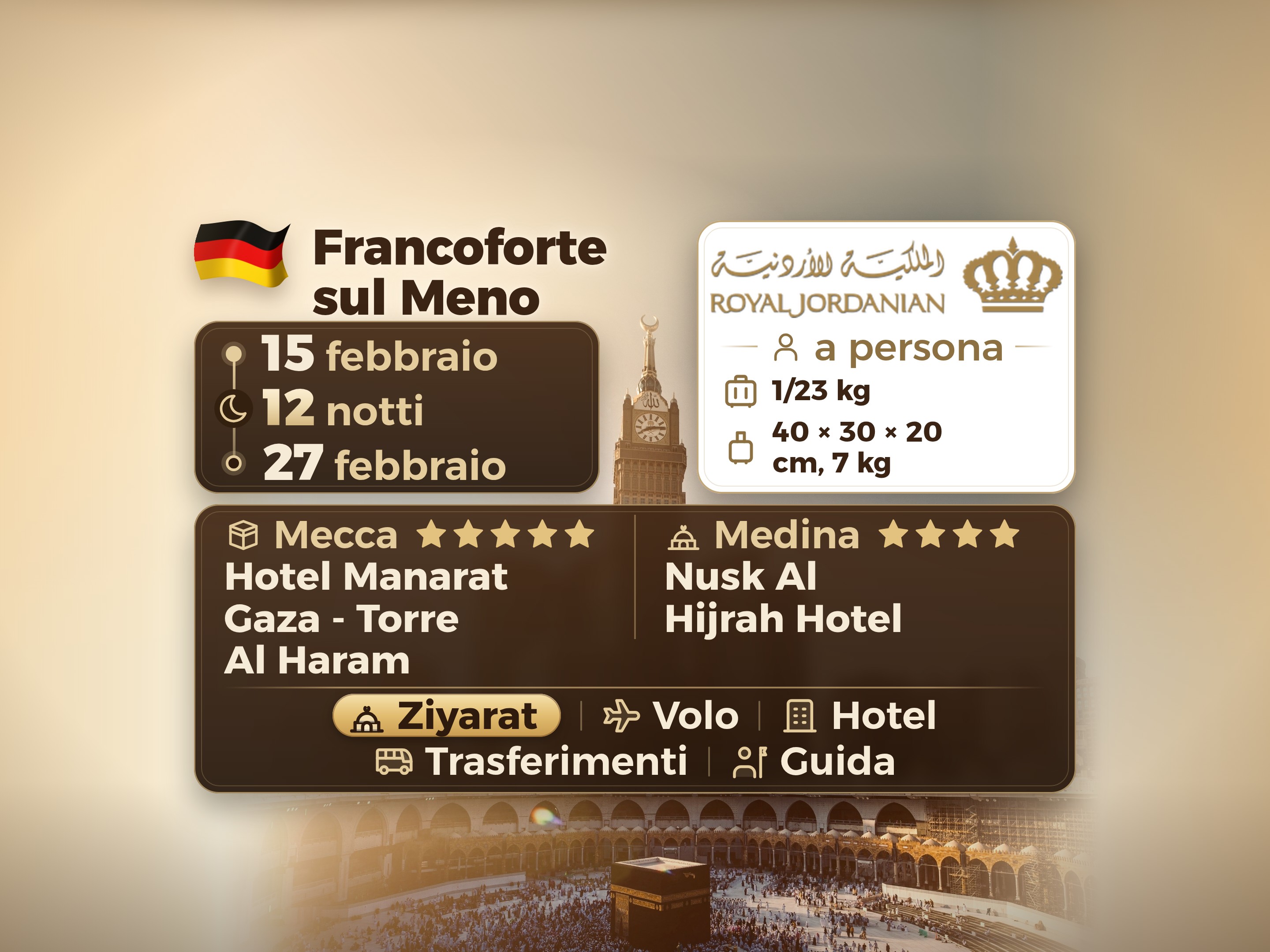 Pacchetto Umrah Ramadan Kareem di 13 giorni e 12 notti presso l'hotel Manarat Giza a Mecca e l'hotel Nusk Hajj a Medina