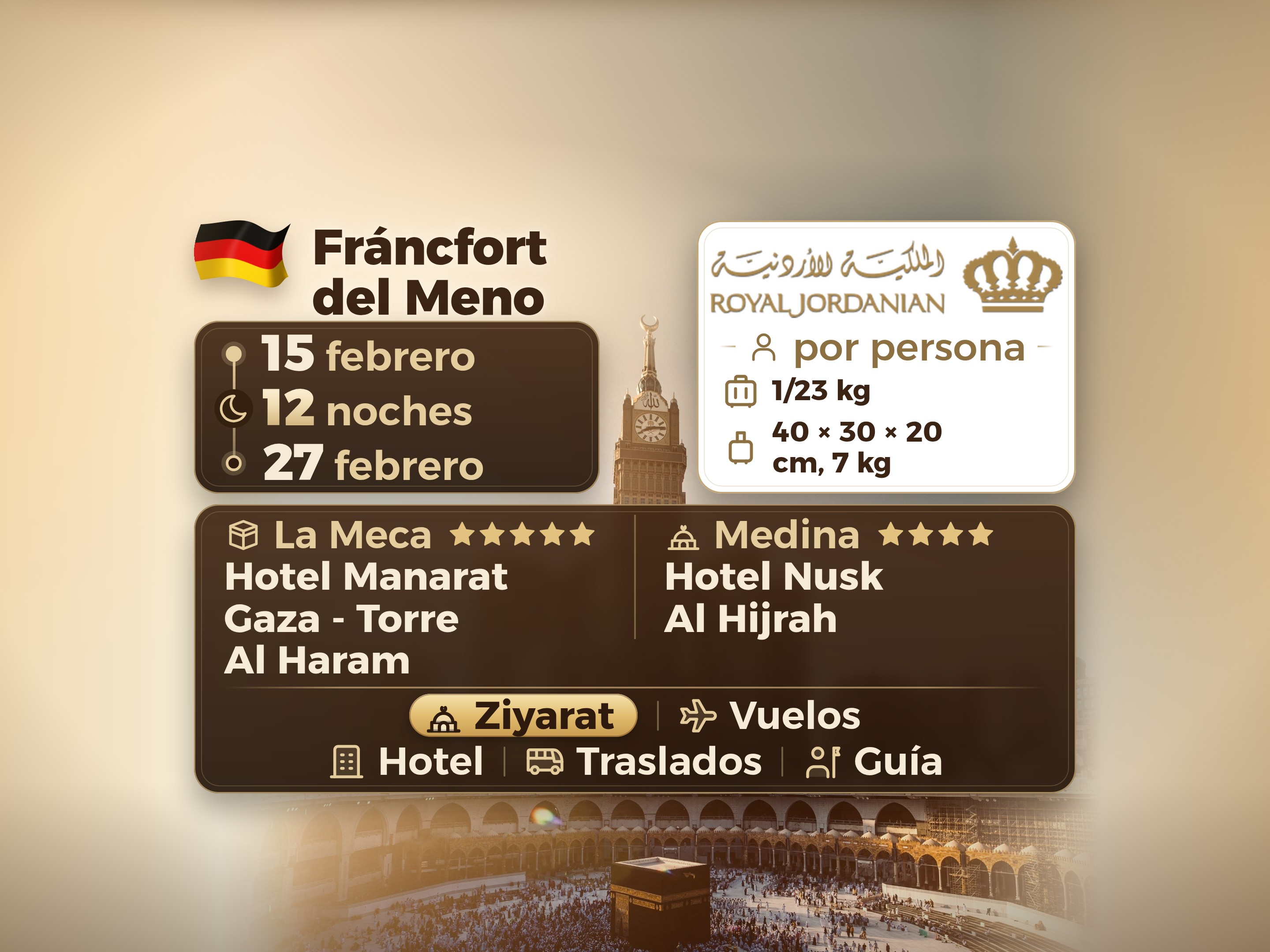 Paquete de Umrah Ramadán Kareem de 13 días y 12 noches en el hotel Manarat Giza en La Meca y el hotel Nusk Hajj en Medina