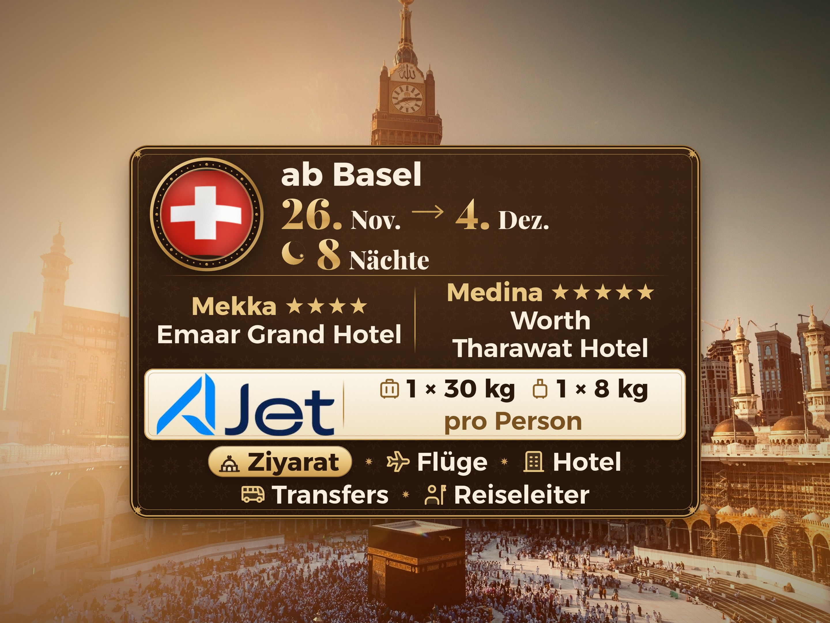Umrah-Paket 10 Tage ab Basel, Tharawat Worth Madinah und Emaar Grand Makkah, Mekka – Umrah Express – 1