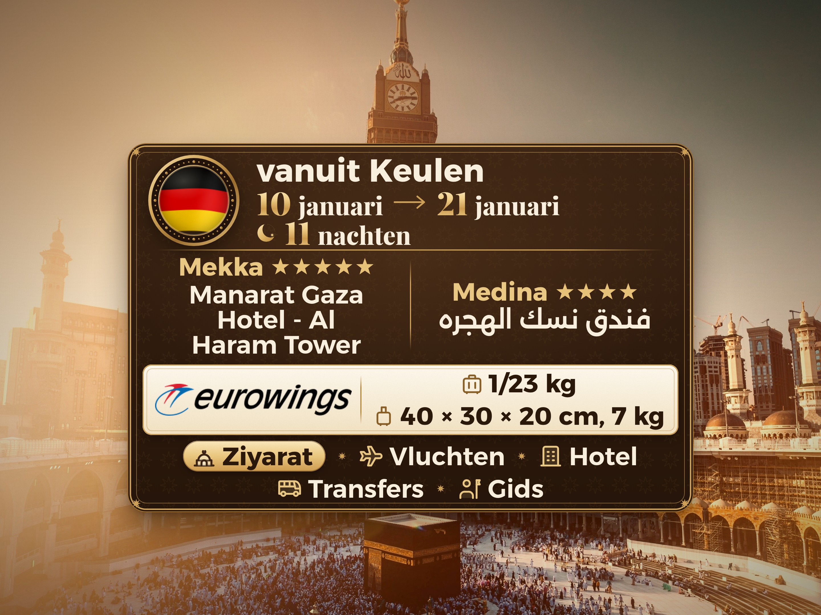 Umrah-pakket voor 12 dagen 11 nachten in hotel Manarat Giza in Mekka en hotel Nusk Al-Hijra in Medina