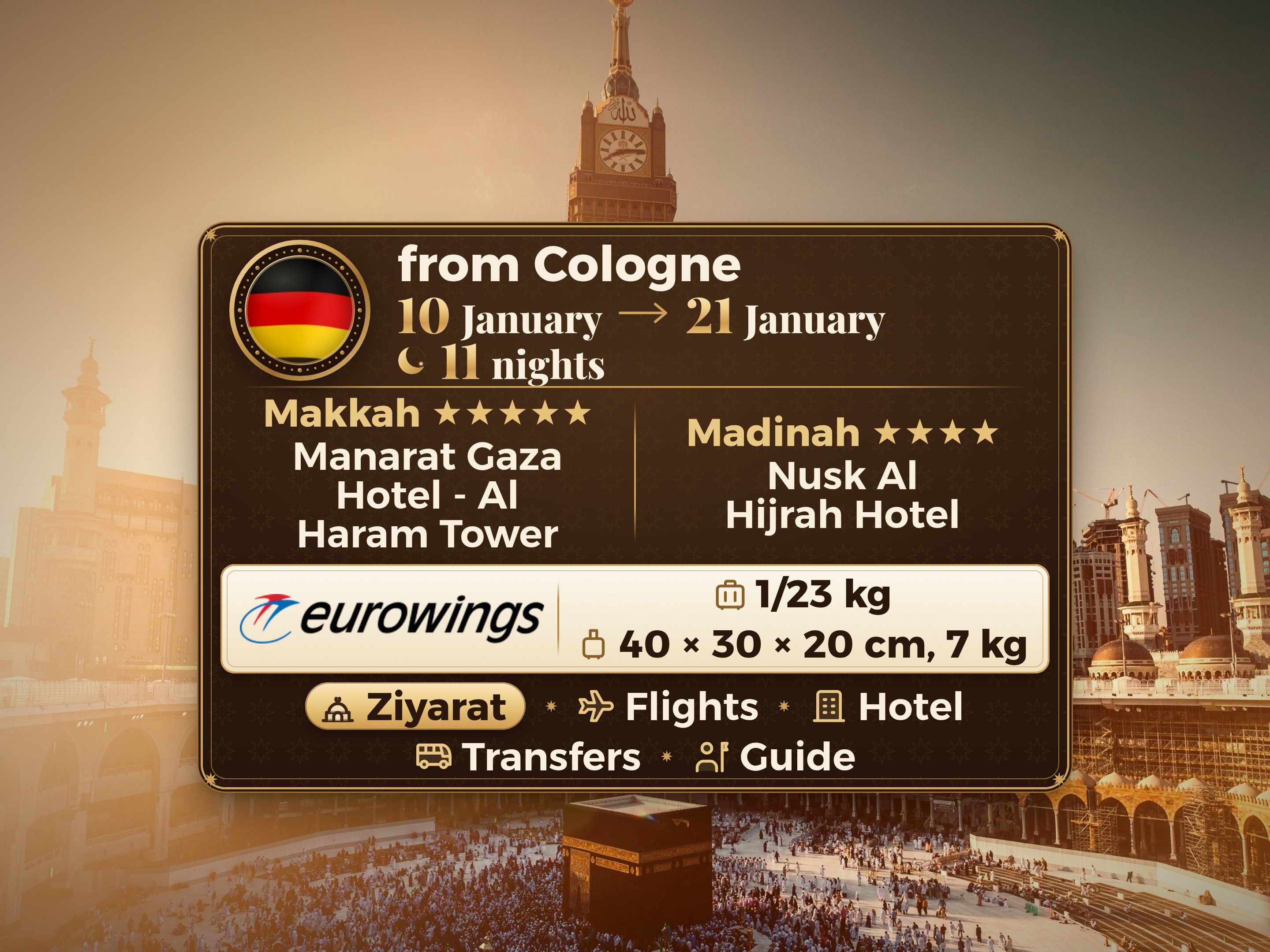 Umrah Package for 12 days 11 nights at Manarat Giza Hotel in Mecca and Nesk Al-Hijra Hotel in Medina