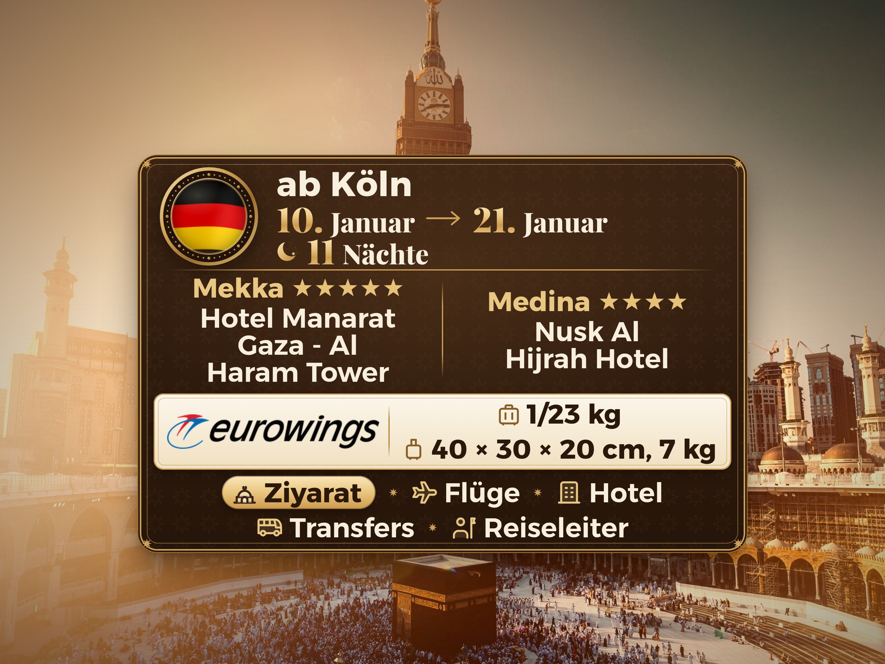 Umrah-Paket für 12 Tage 11 Nächte im Manarat Giza Hotel in Mekka und im Nesk Al-Hijra Hotel in Medina