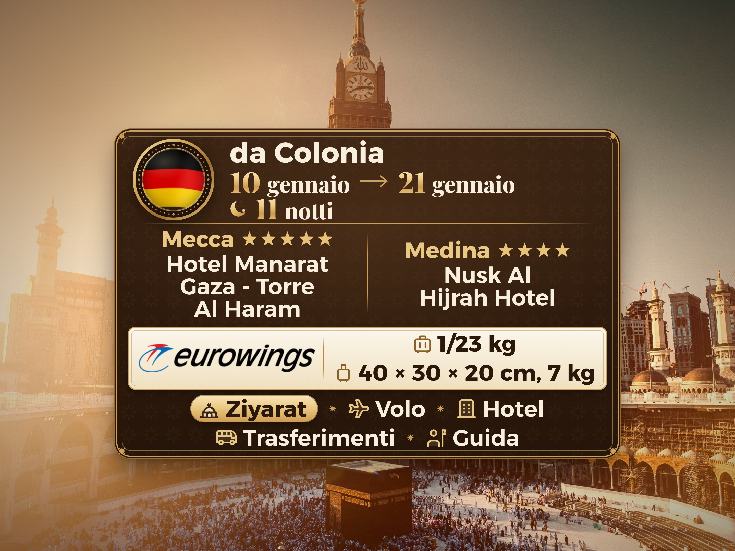 Pacchetto Umrah di 12 giorni e 11 notti presso l'hotel Manarat Giza a Mecca e l'hotel Nesk Al-Hijra a Medina