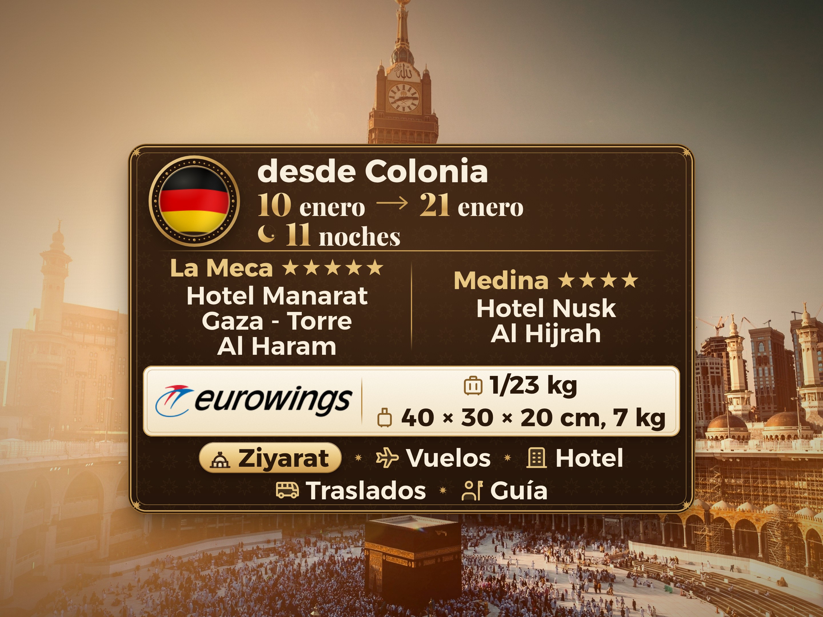 Paquete de Umrah de 12 días 11 noches en el hotel Manarat Giza en La Meca y el hotel Nasik Al-Hijra en Medina