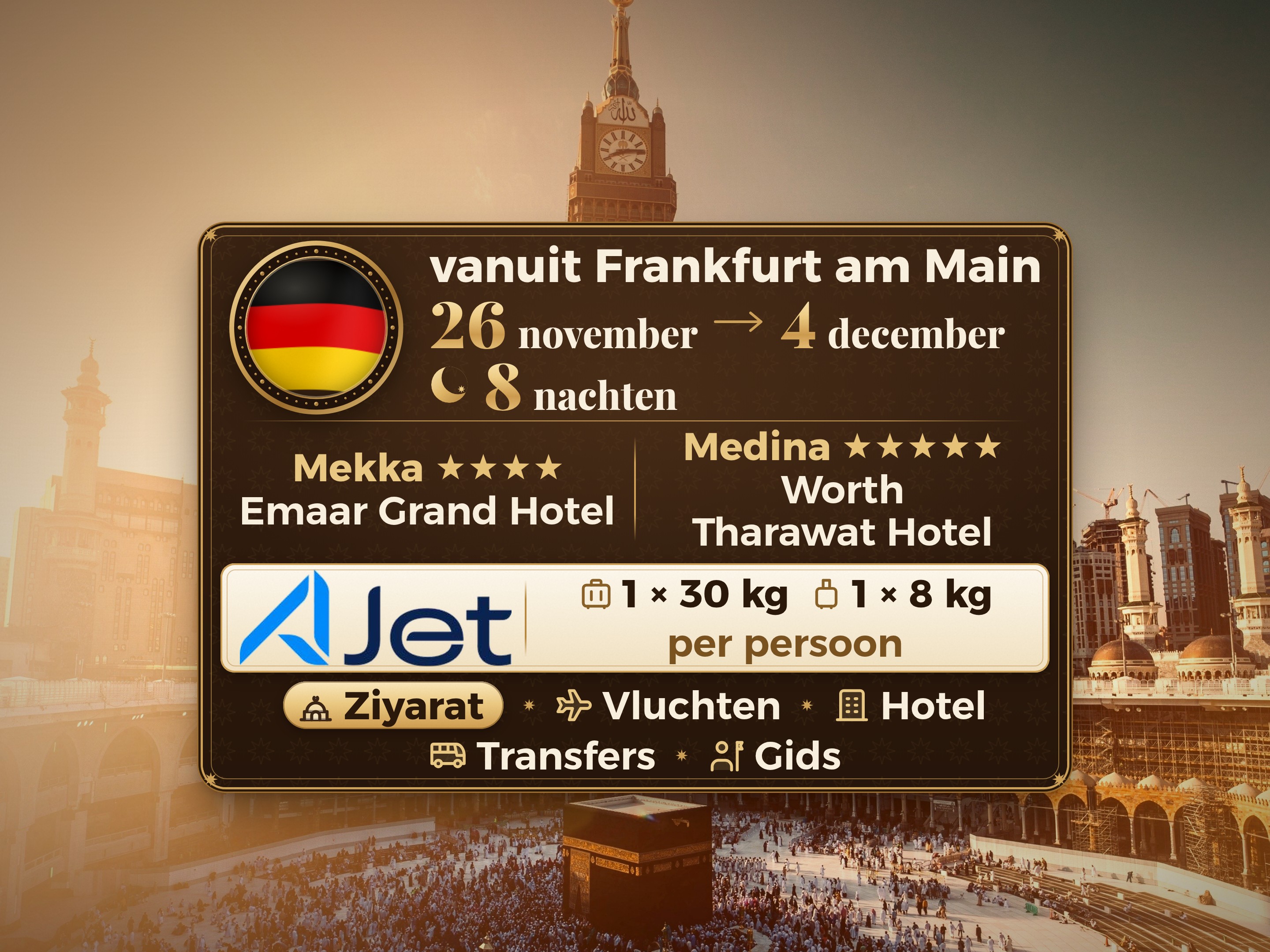 Umrah Pakket 10 Dagen vanaf Frankfurt, Tharawat Worth Madinah en Emaar Grand Makkah