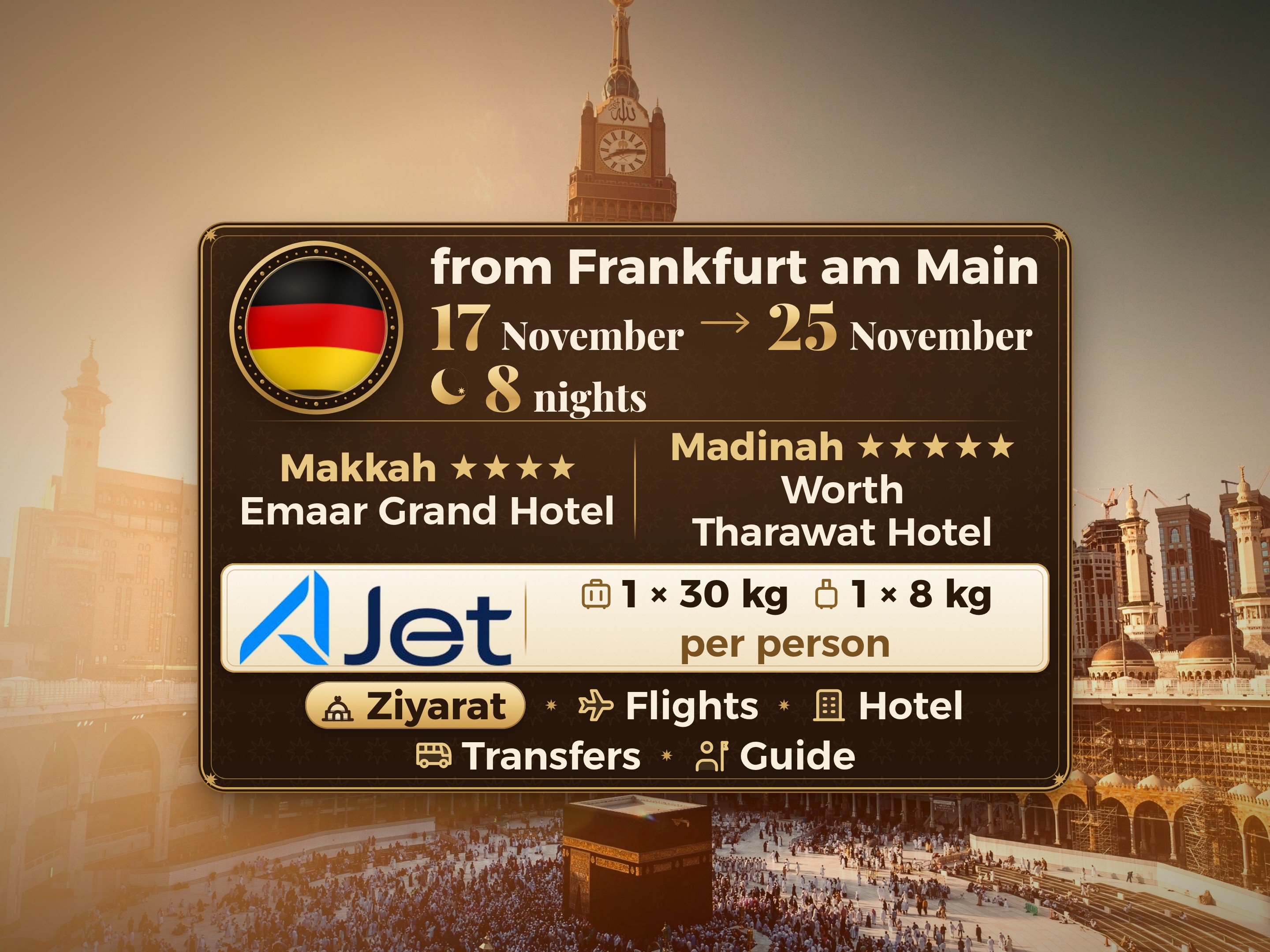 Umrah Package 10 Days from Frankfurt, Tharawat Worth Madinah and Emaar Grand Makkah, Makkah – Umrah Express – 1
