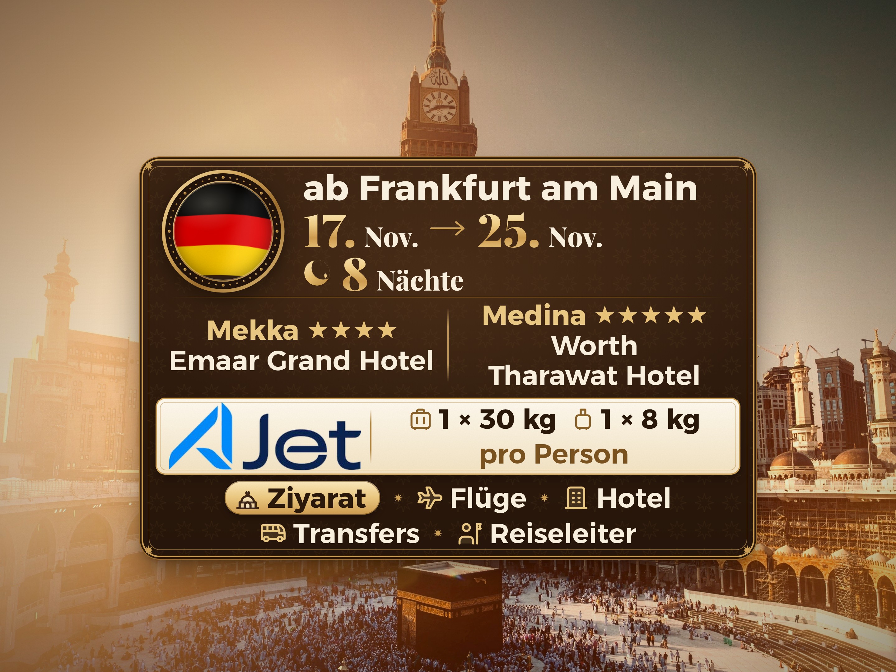 Umrah-Paket 10 Tage ab Frankfurt, Tharawat Worth Madinah und Emaar Grand Makkah, Mekka – Umrah Express – 1