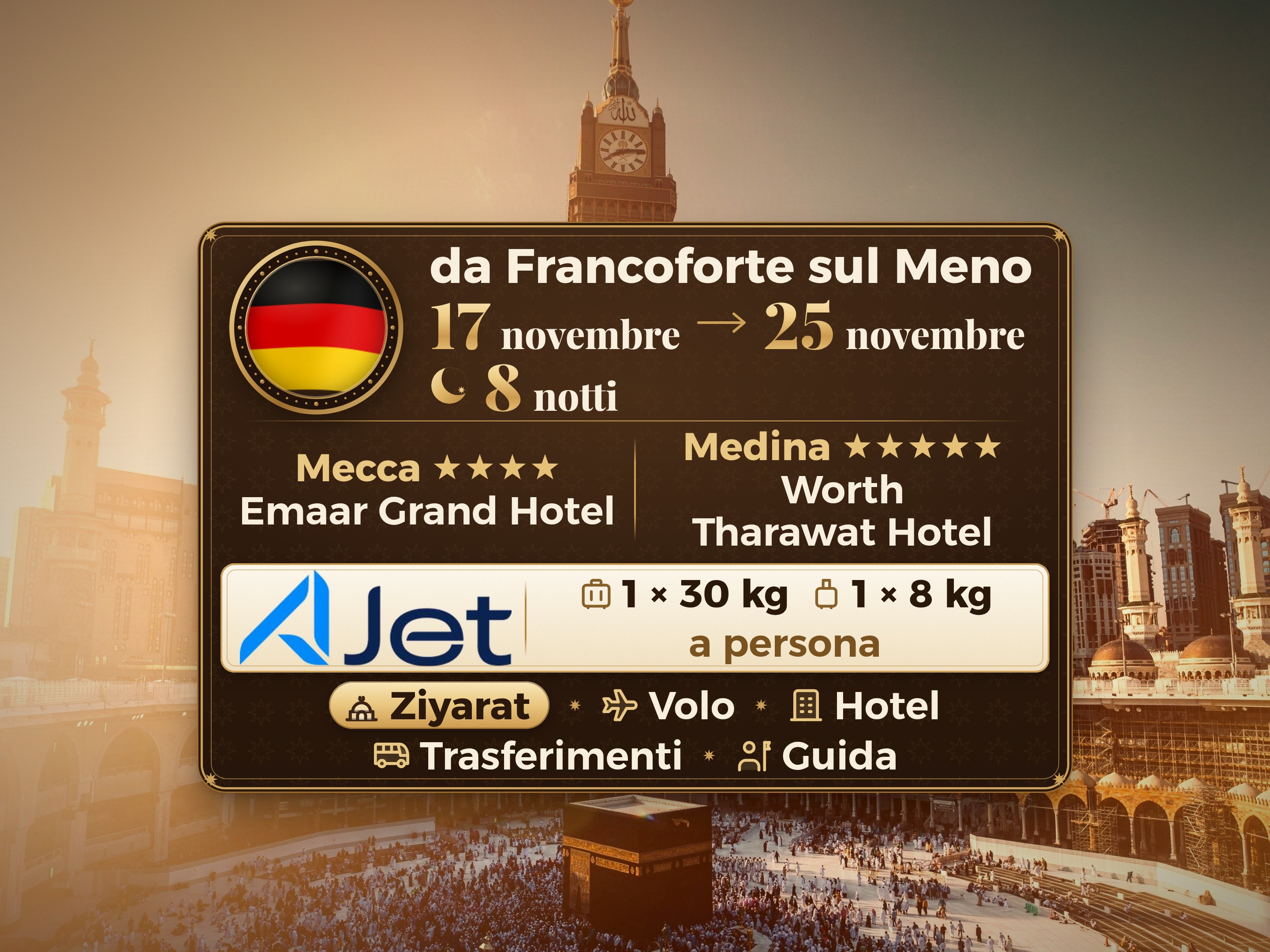 Pacchetto Umrah 10 Giorni da Francoforte, Tharawat Worth Madinah e Emaar Grand Makkah, La Mecca – Umrah Express – 1