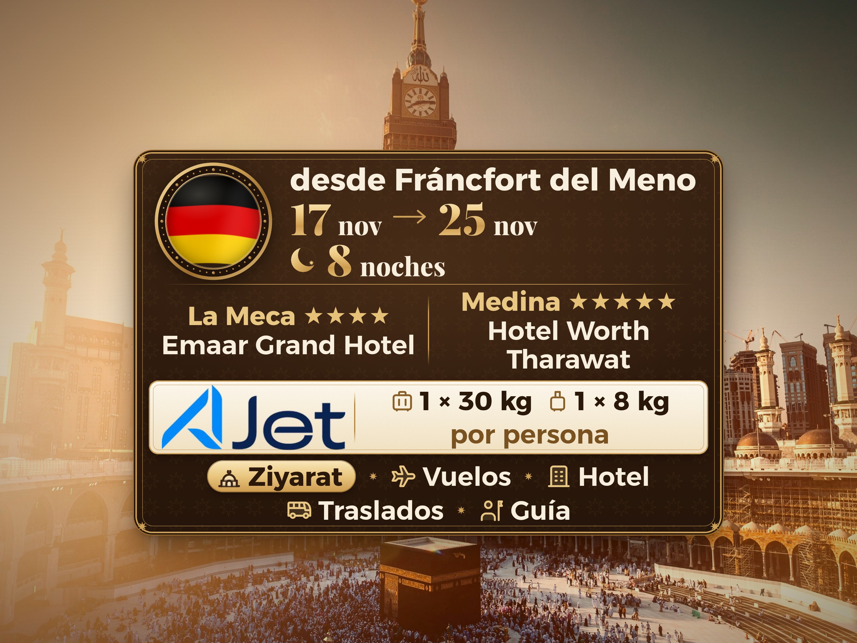 Paquete de Umrah de 10 Días desde Frankfurt, Tharawat Worth Madinah y Emaar Grand Makkah, La Meca – Umrah Express – 1