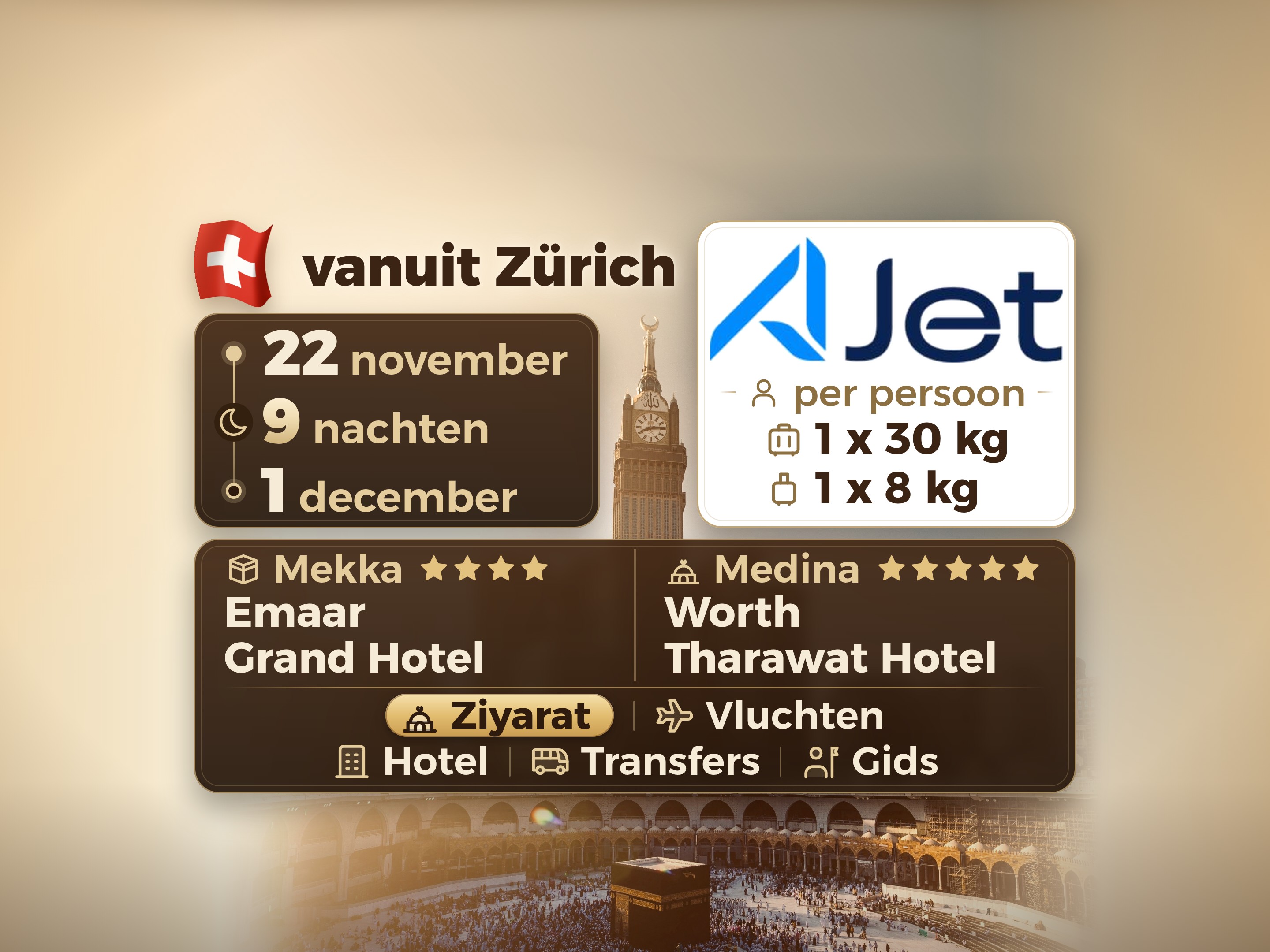 Umrah Pakket 11 Dagen vanaf Zürich, Tharawat Worth Madinah en Emaar Grand Makkah, Mekka – Umrah Express – 1
