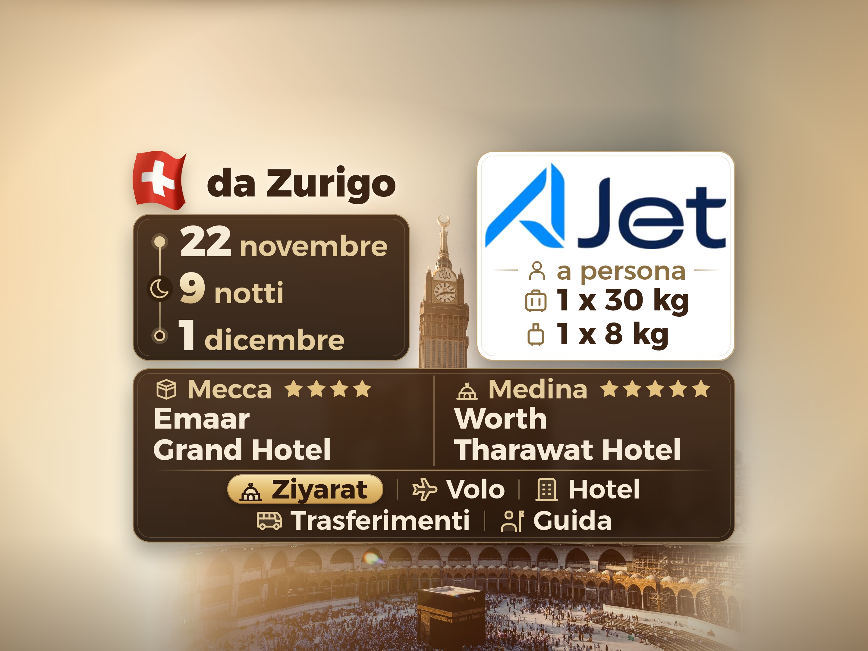 Pacchetto Umrah 11 Giorni da Zurigo, Tharawat Worth Madinah e Emaar Grand Makkah, La Mecca – Umrah Express – 1