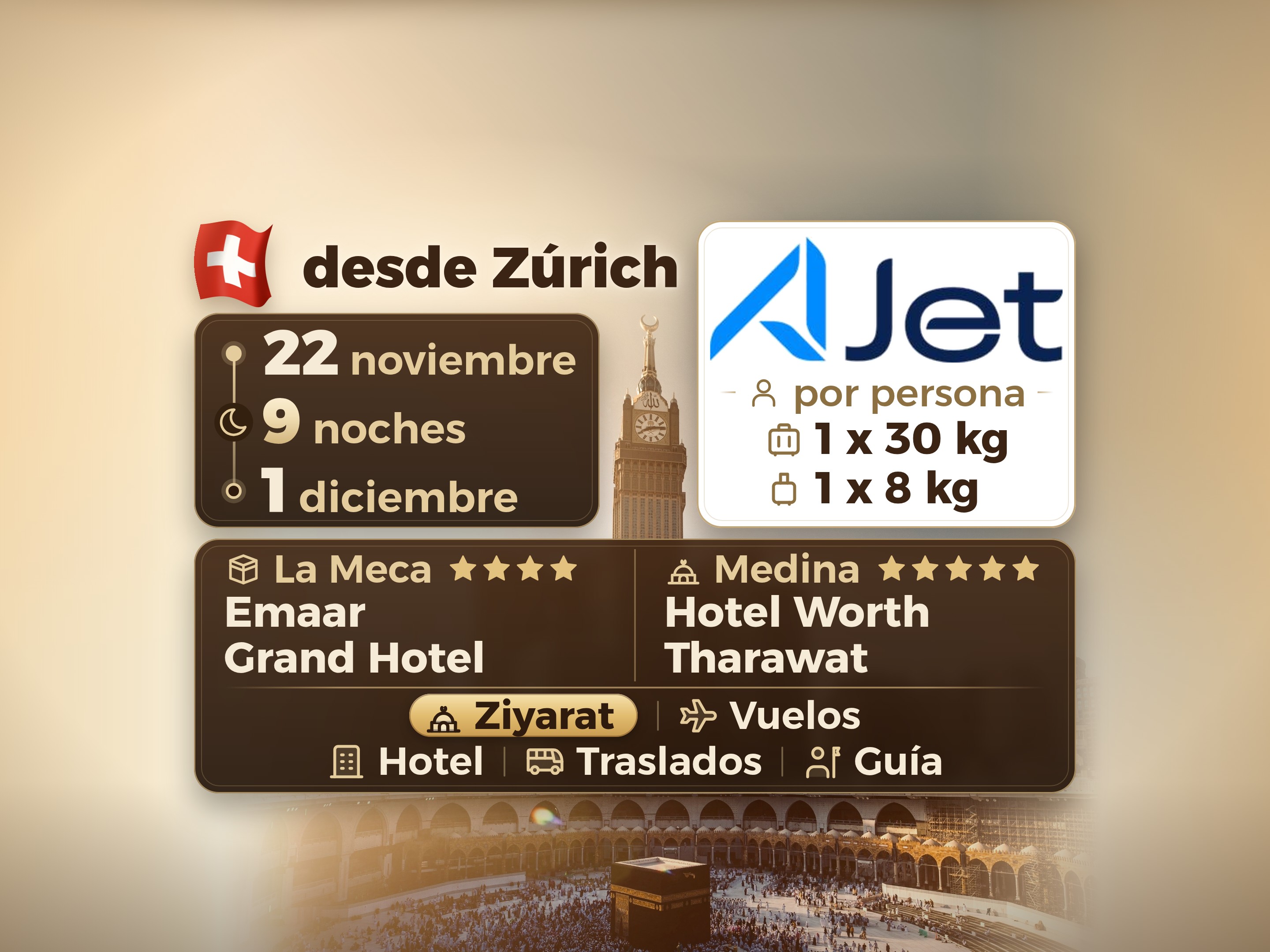 Paquete de Umrah de 11 Días desde Zúrich, Tharawat Worth Madinah y Emaar Grand Makkah, La Meca – Umrah Express – 1