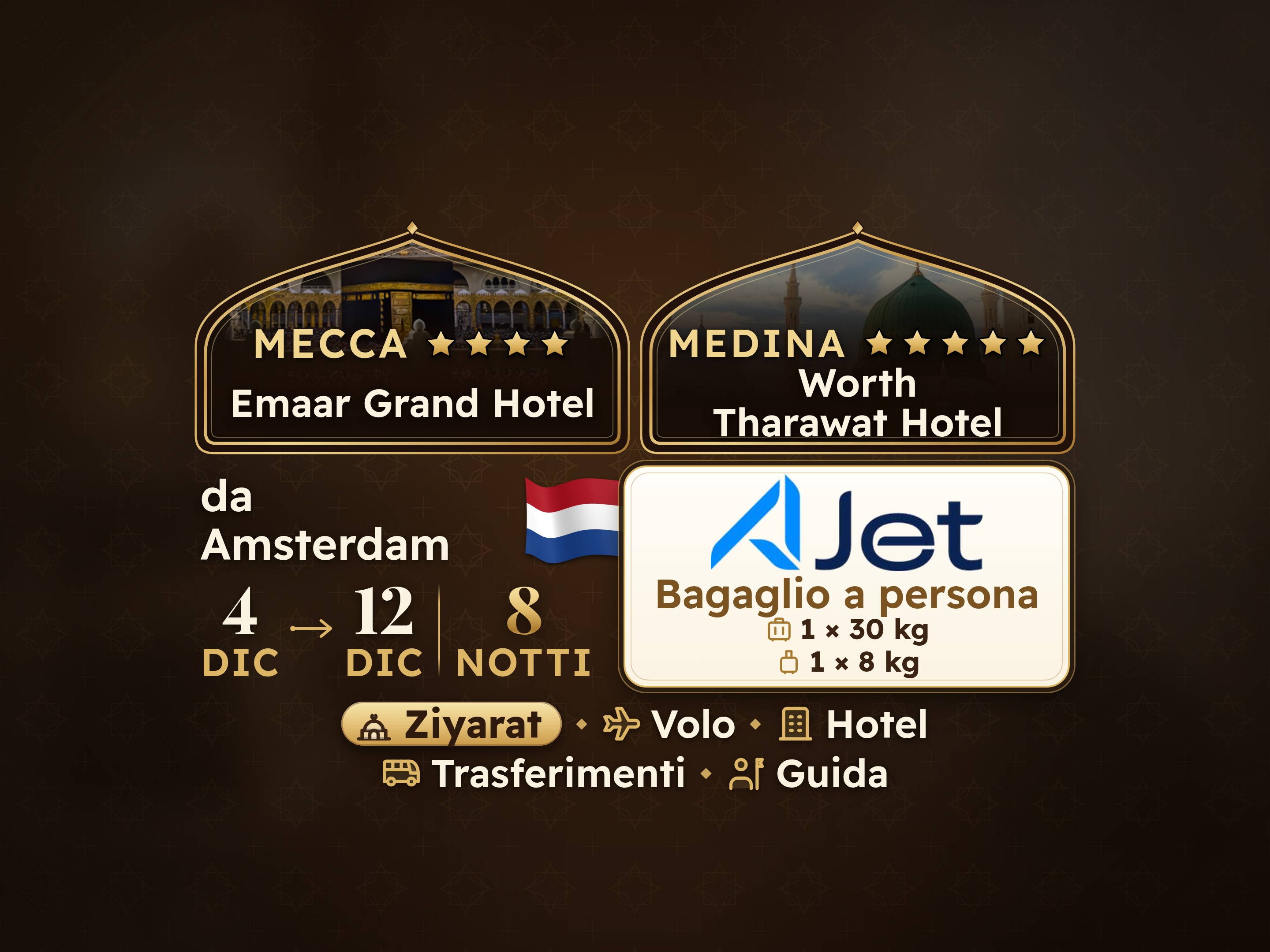 Pacchetto Umrah 10 Giorni da Amsterdam, Emaar Grand Makkah e Tharawat Worth Madinah, La Mecca – Umrah Express – 1