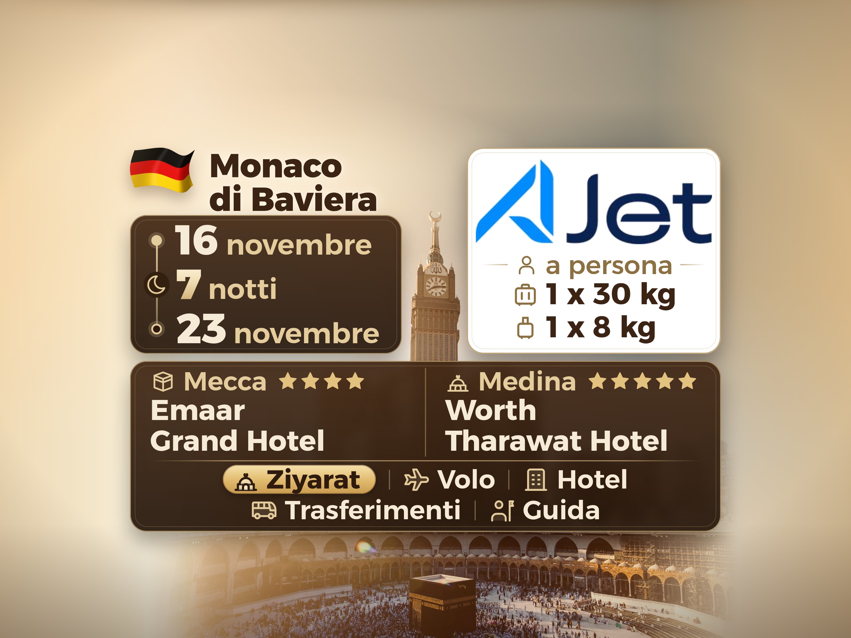 Pacchetto Umrah 9 Giorni da Monaco, Tharawat Worth Madinah e Emaar Grand Makkah, La Mecca – Umrah Express – 1