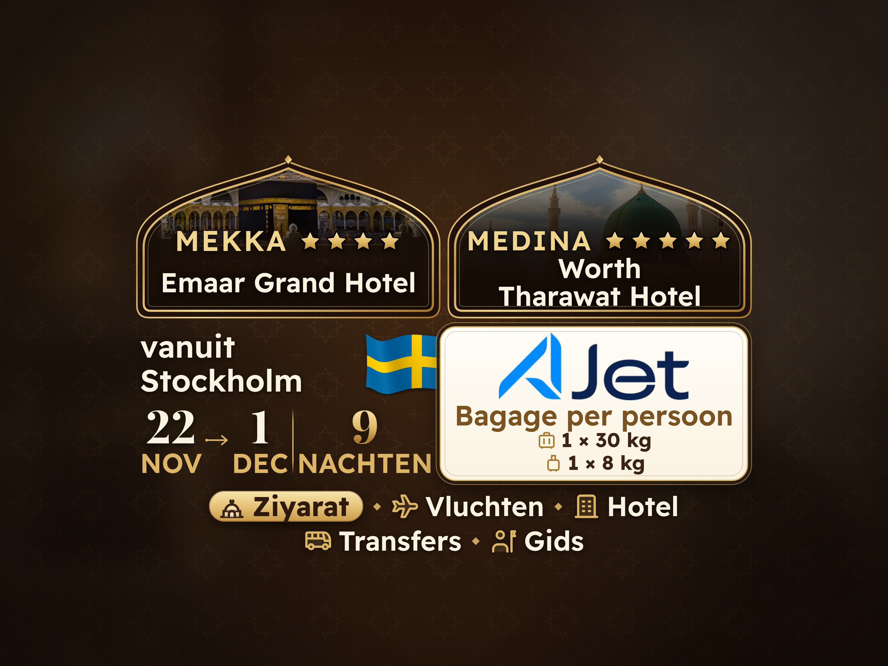 Umrah Pakket 11 Dagen van Stockholm, Tharawat Worth Madinah en Emaar Grand Makkah, Mekka – Umrah Express – 1