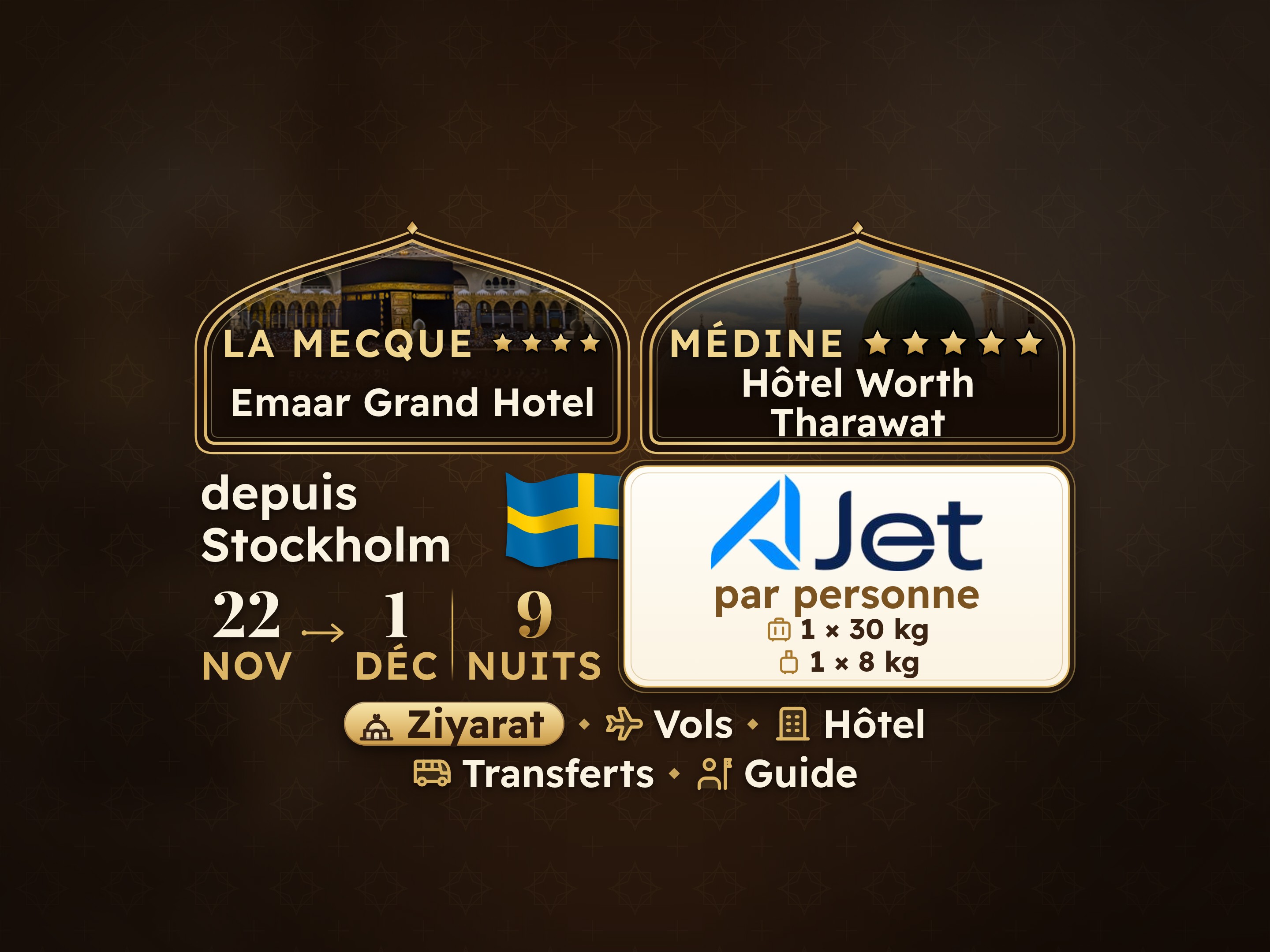 Forfait Umrah 11 Jours depuis Stockholm, Tharawat Worth Madinah et Emaar Grand Makkah, La Mecque – Umrah Express – 1