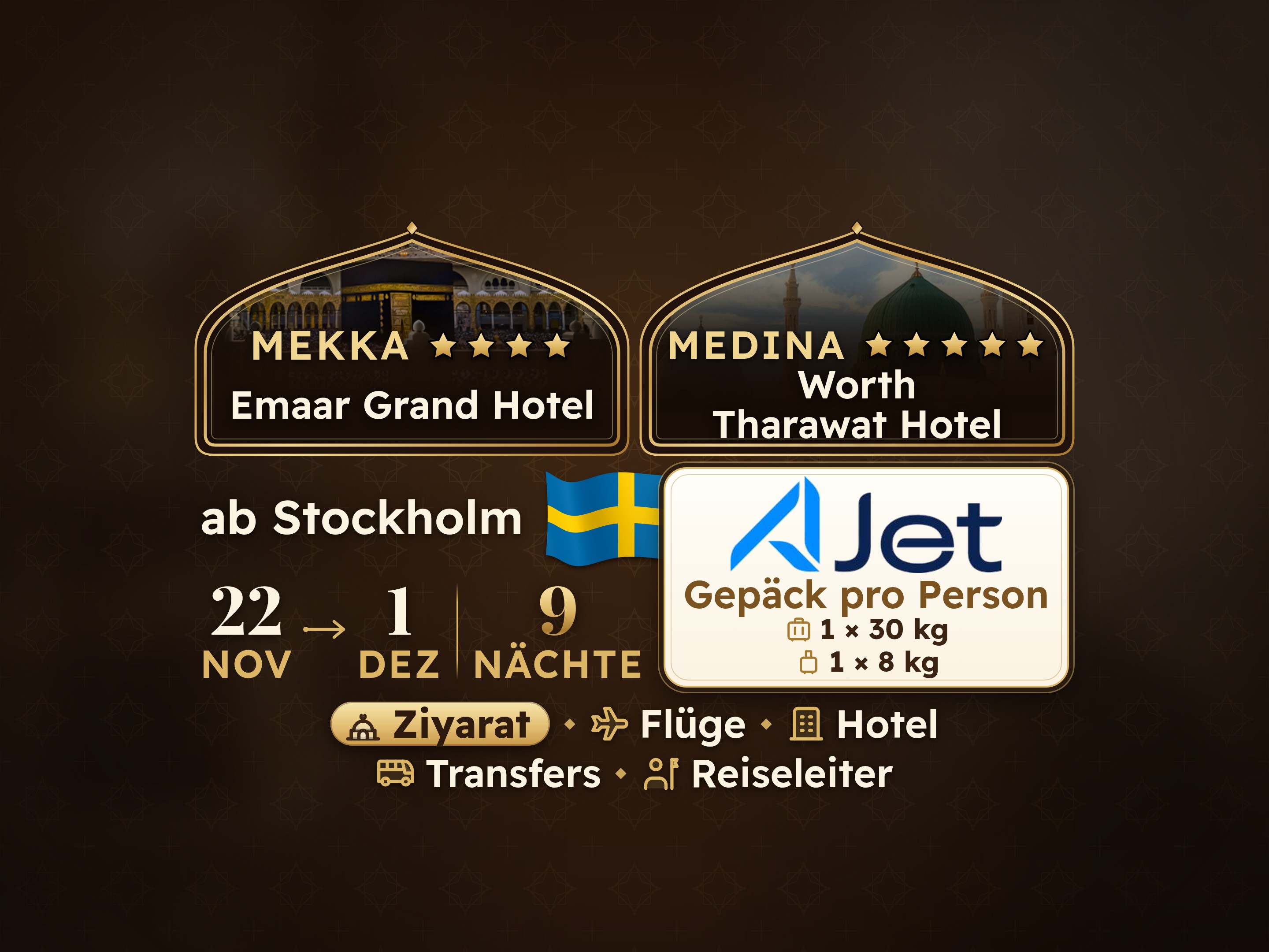 Umrah-Paket 11 Tage ab Stockholm, Tharawat Worth Madinah und Emaar Grand Makkah, Mekka – Umrah Express – 1
