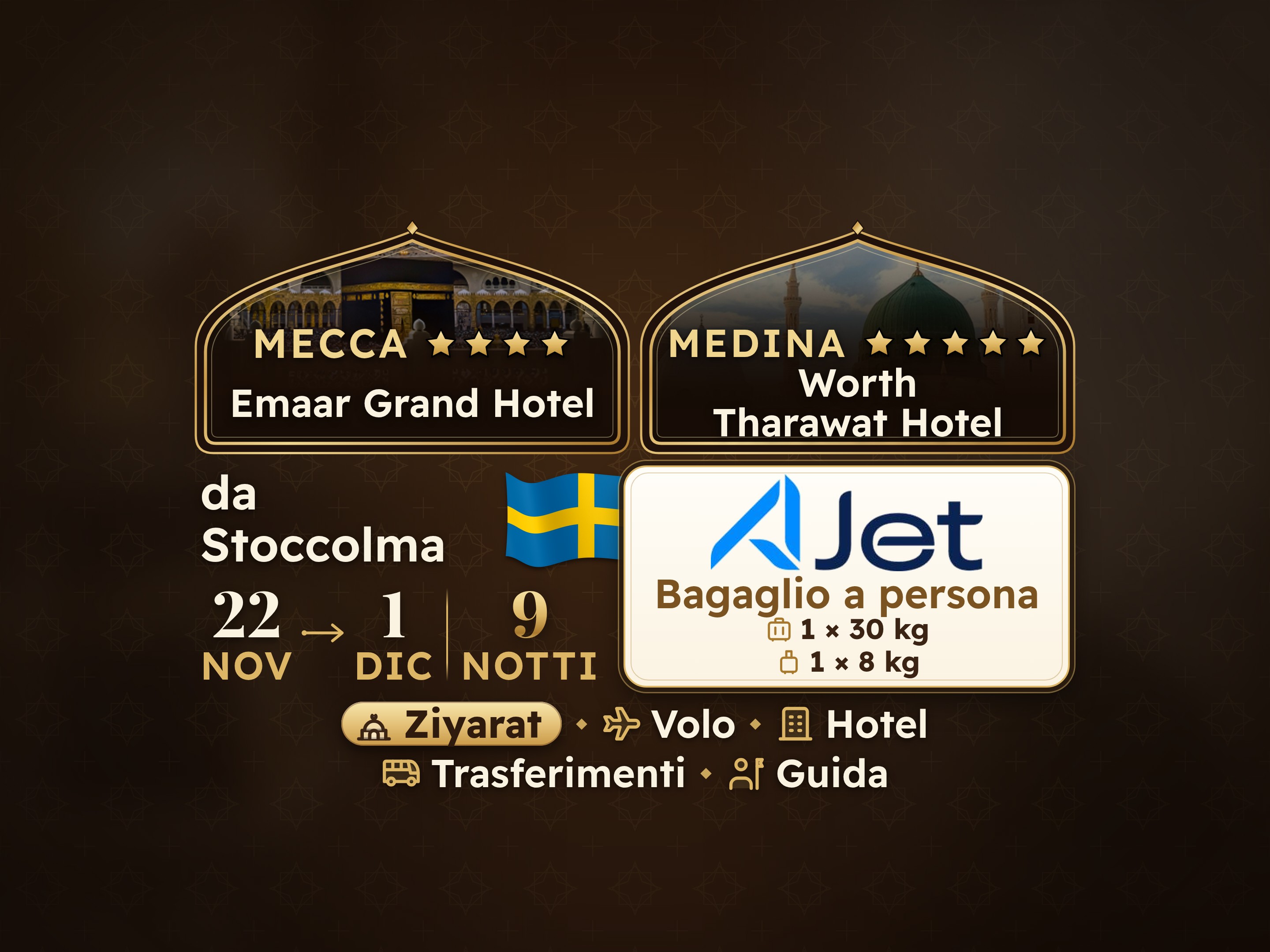 Pacchetto Umrah 11 Giorni da Stoccolma, Tharawat Worth Madinah e Emaar Grand Makkah, La Mecca – Umrah Express – 1