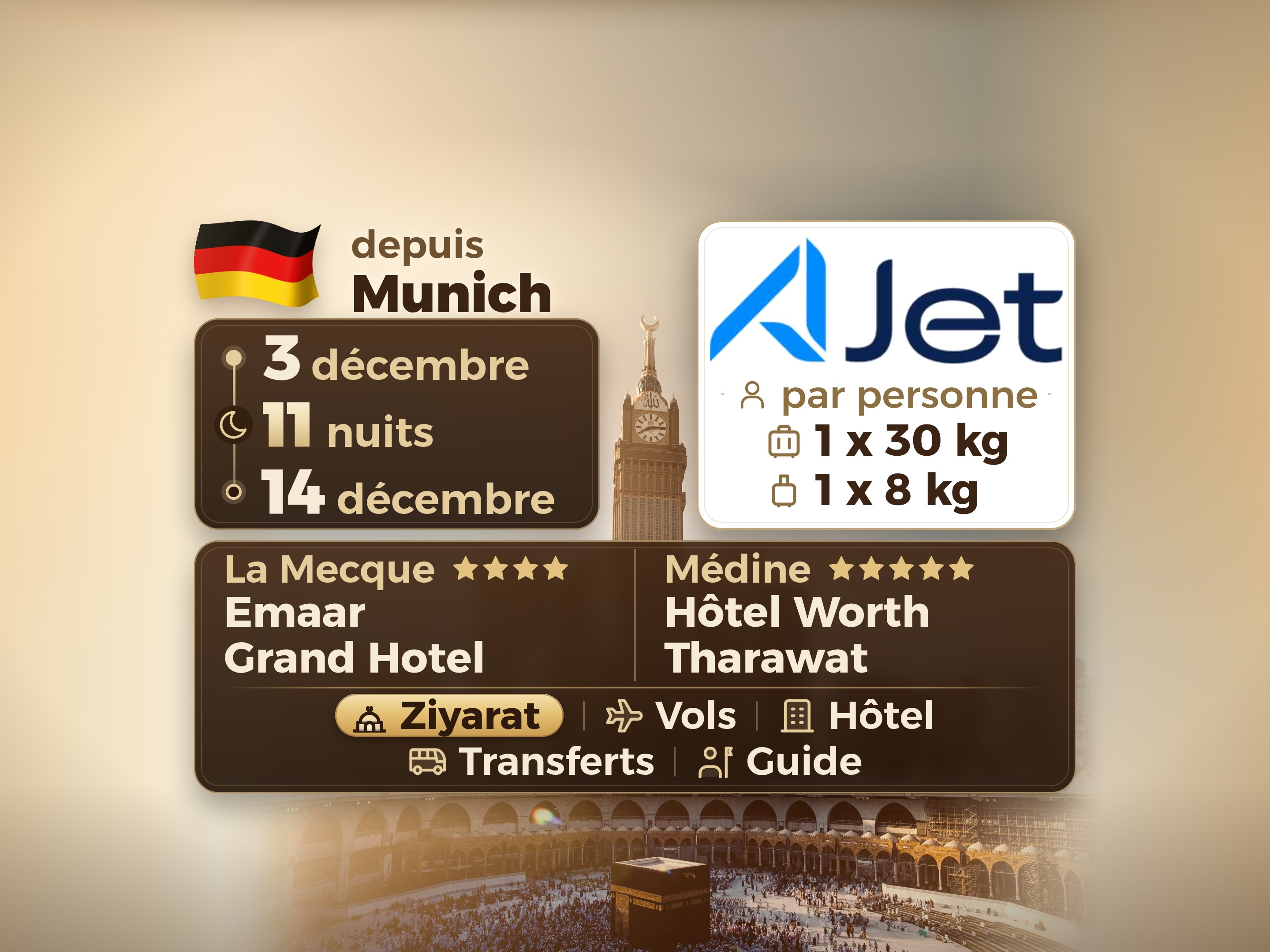 Forfait Umrah de 13 jours depuis Munich, Tharawat Worth Madinah et Emaar Grand Makkah