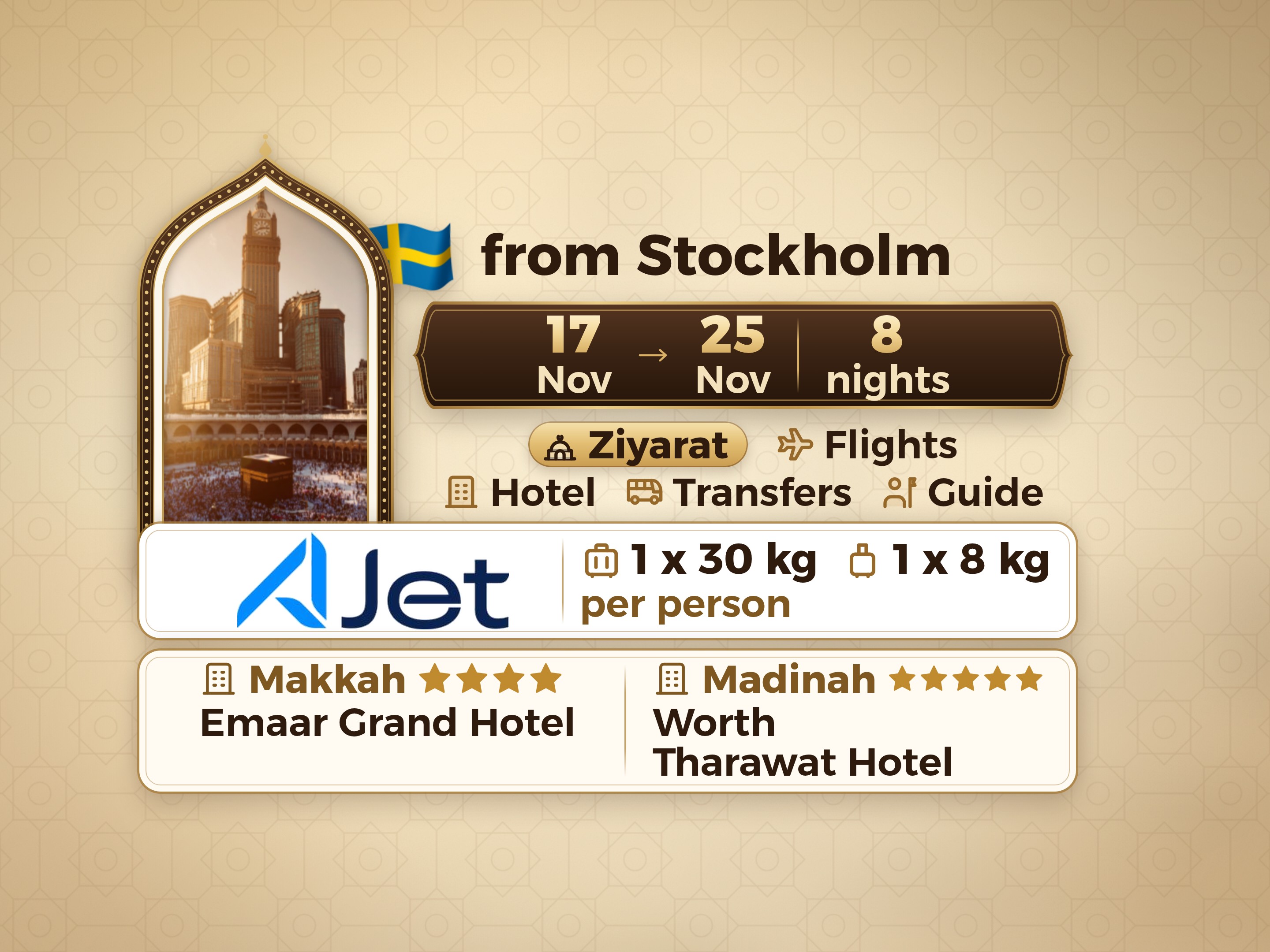 Umrah Package 10 Days from Stockholm, Tharawat Worth Madinah and Emaar Grand Makkah, Makkah – Umrah Express – 1