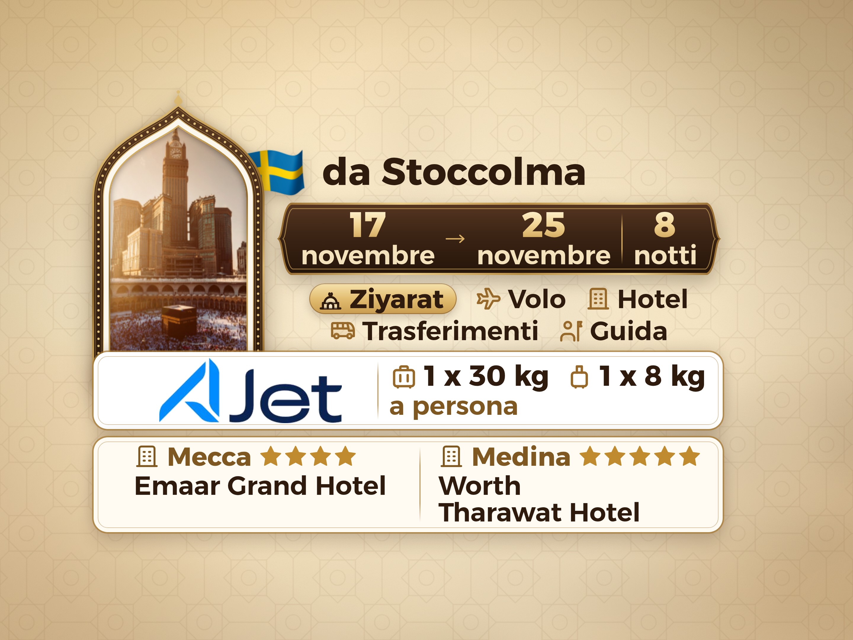 Pacchetto Umrah 10 Giorni da Stoccolma, Tharawat Worth Madinah e Emaar Grand Makkah, La Mecca – Umrah Express – 1