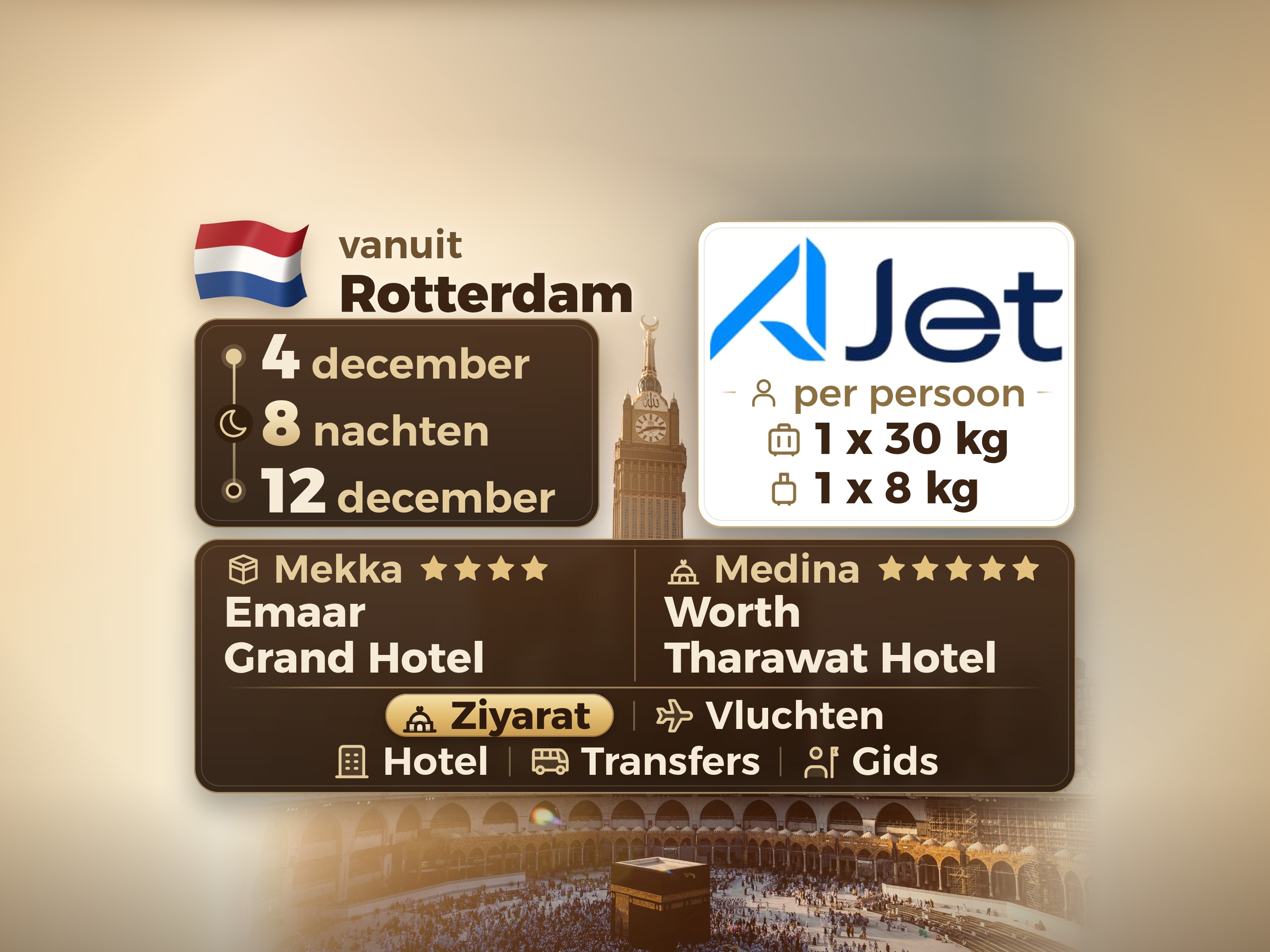 Umrah Pakket 10 Dagen vanaf Rotterdam, Emaar Grand Makkah en Tharawat Worth Madinah