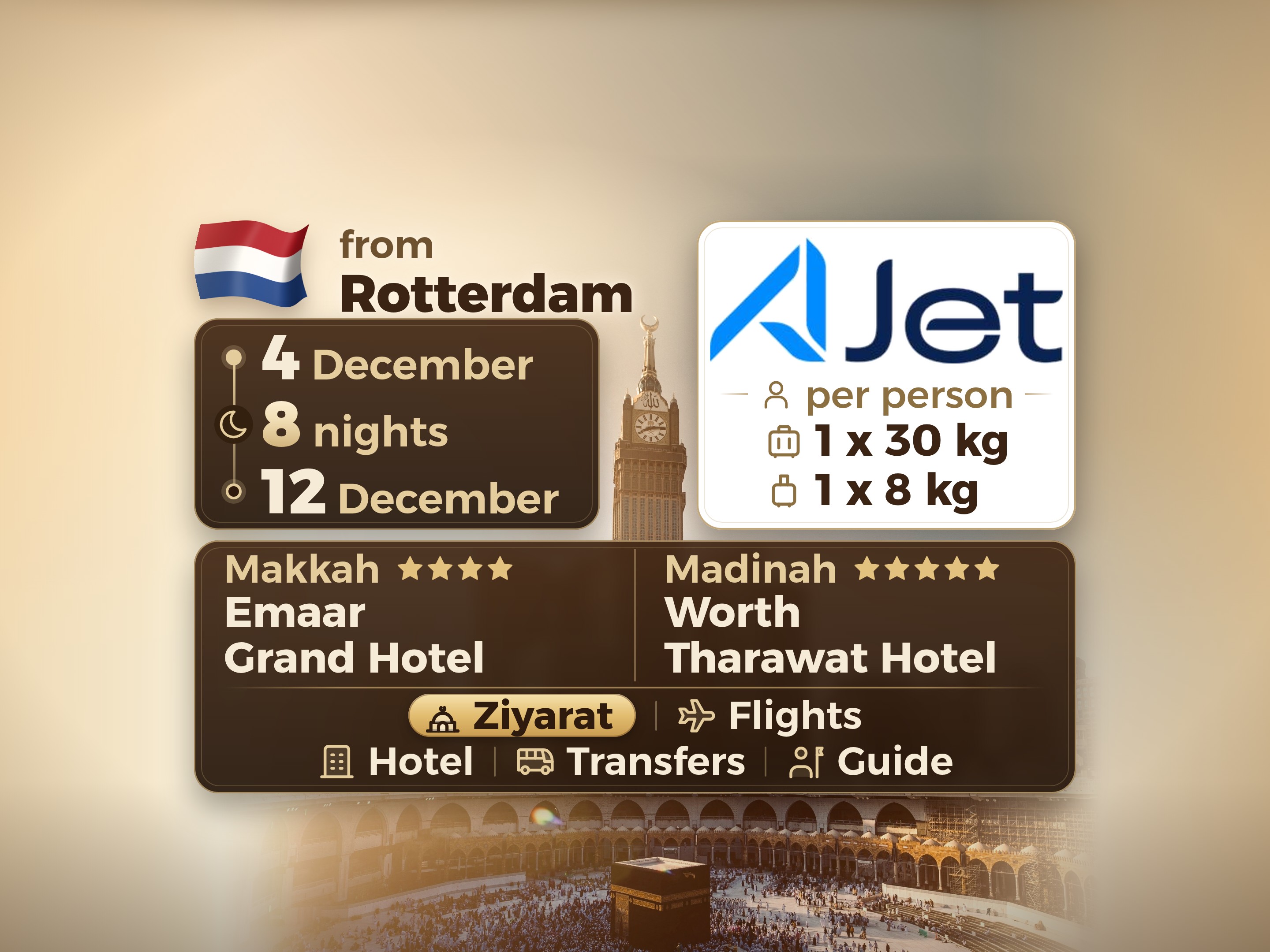 Umrah Package 10 Days from Rotterdam, Emaar Grand Makkah and Tharawat Worth Madinah, Makkah – Umrah Express – 1