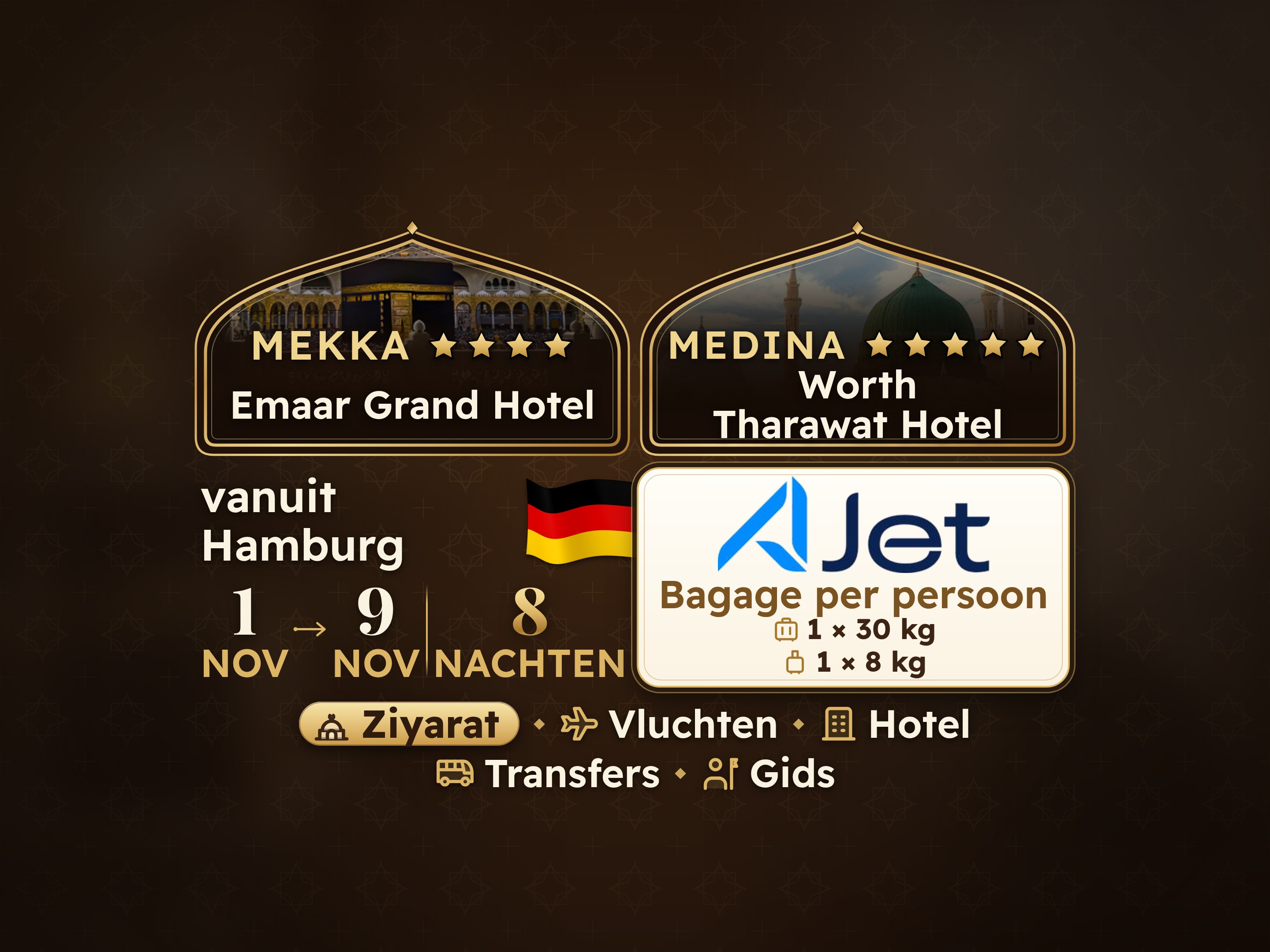 Umrah Pakket 10 Dagen vanaf Hamburg, Tharawat Worth Madinah en Emaar Grand Makkah
