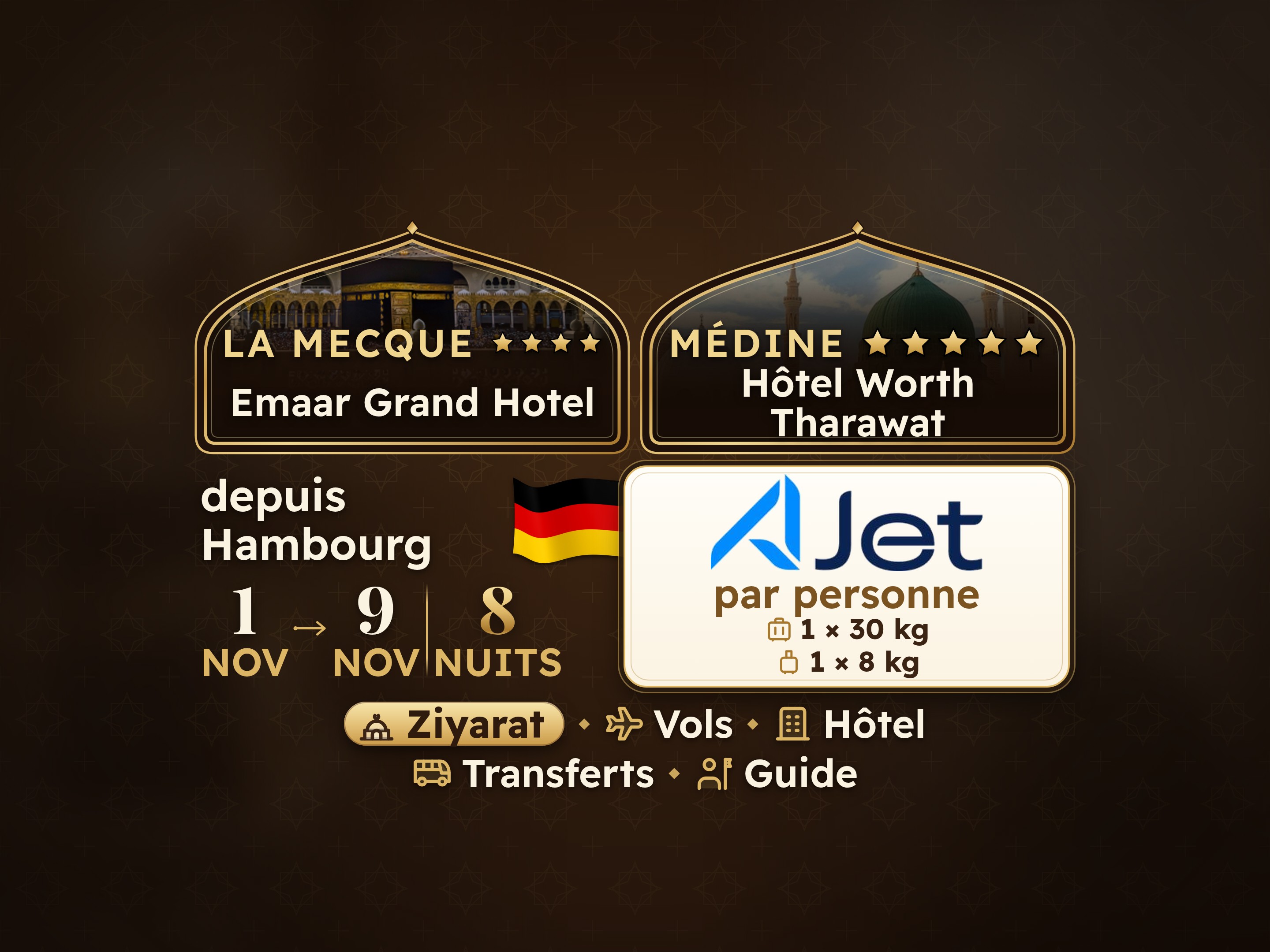 Forfait Umrah 10 Jours depuis Hambourg, Tharawat Worth Madinah et Emaar Grand Makkah, La Mecque – Umrah Express – 1