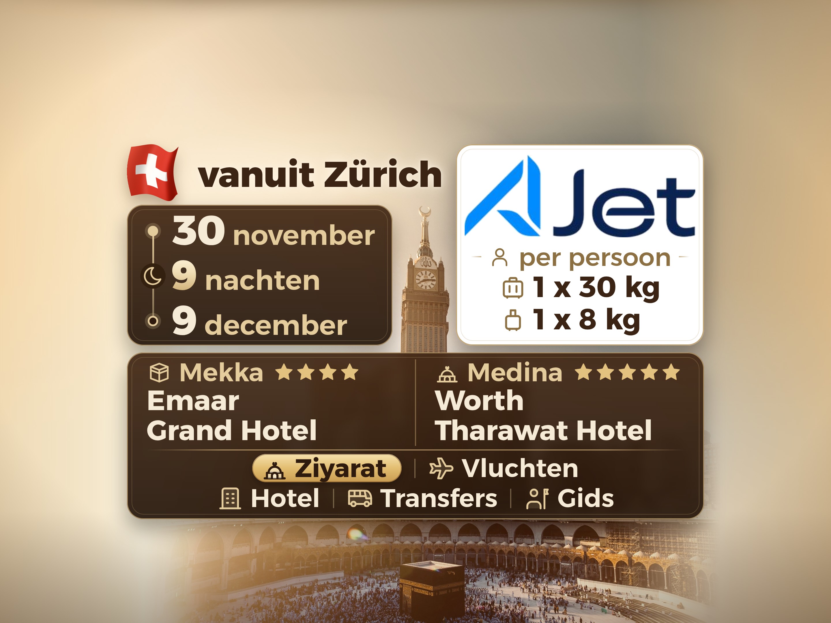 Umrah Pakket 11 Dagen vanaf Zürich, Tharawat Worth Madinah en Emaar Grand Makkah, Mekka – Umrah Express – 1