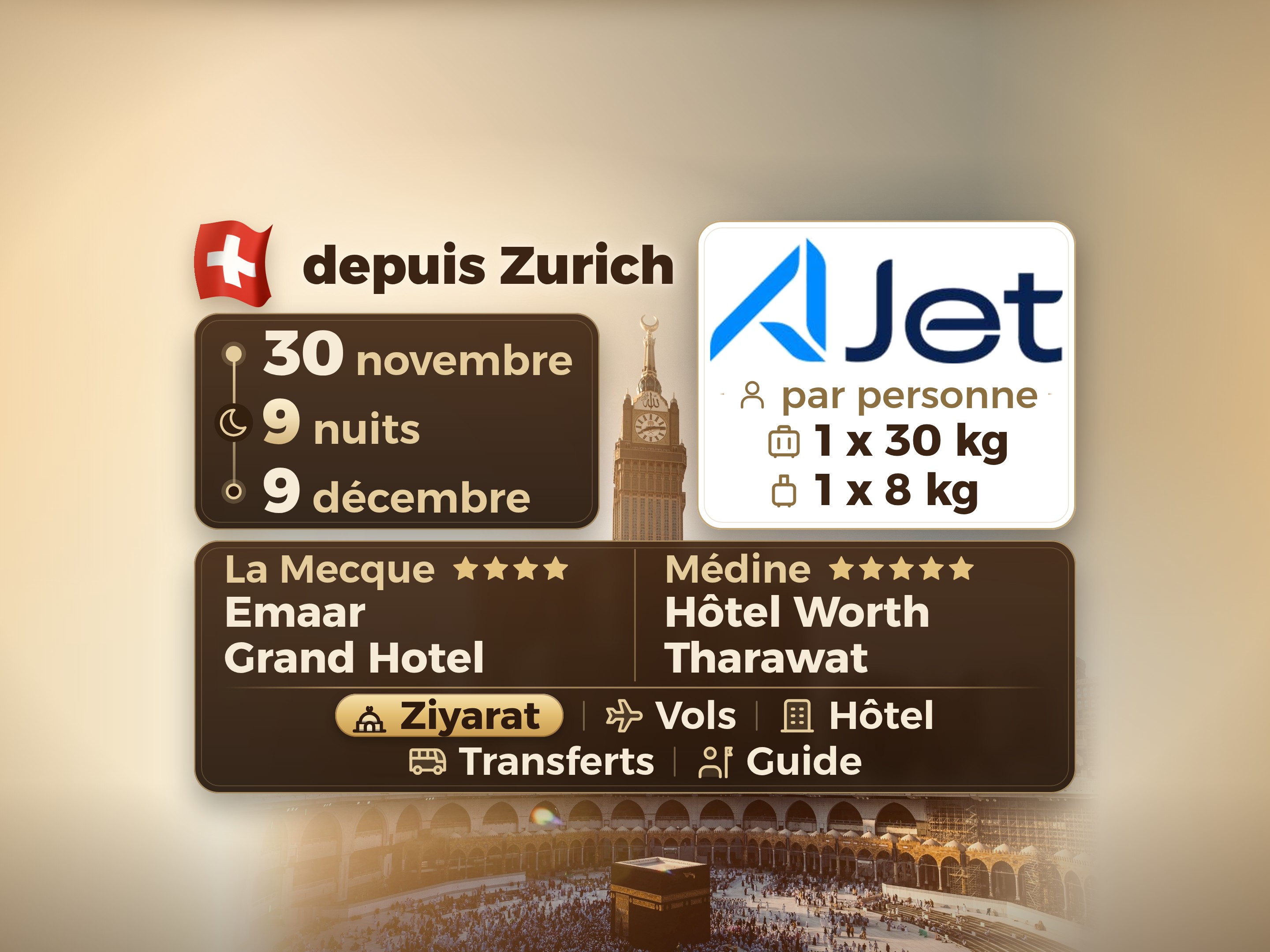 Forfait Umrah 11 Jours depuis Zurich, Tharawat Worth Madinah et Emaar Grand Makkah, La Mecque – Umrah Express – 1