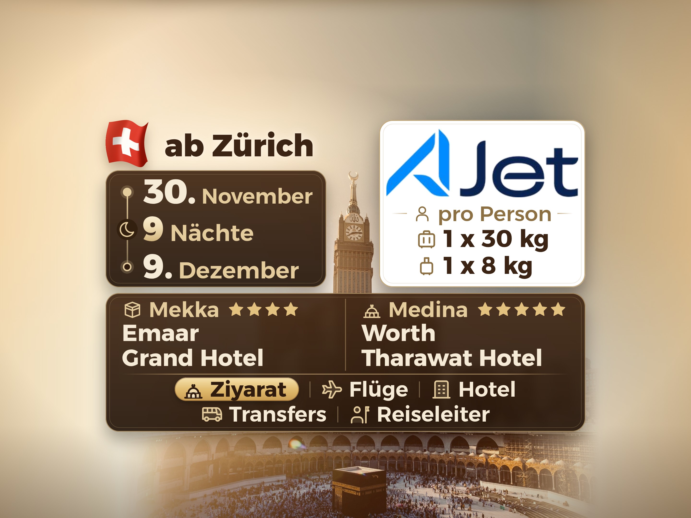 Umrah-Paket 11 Tage ab Zürich, Tharawat Worth Madinah und Emaar Grand Makkah, Mekka – Umrah Express – 1