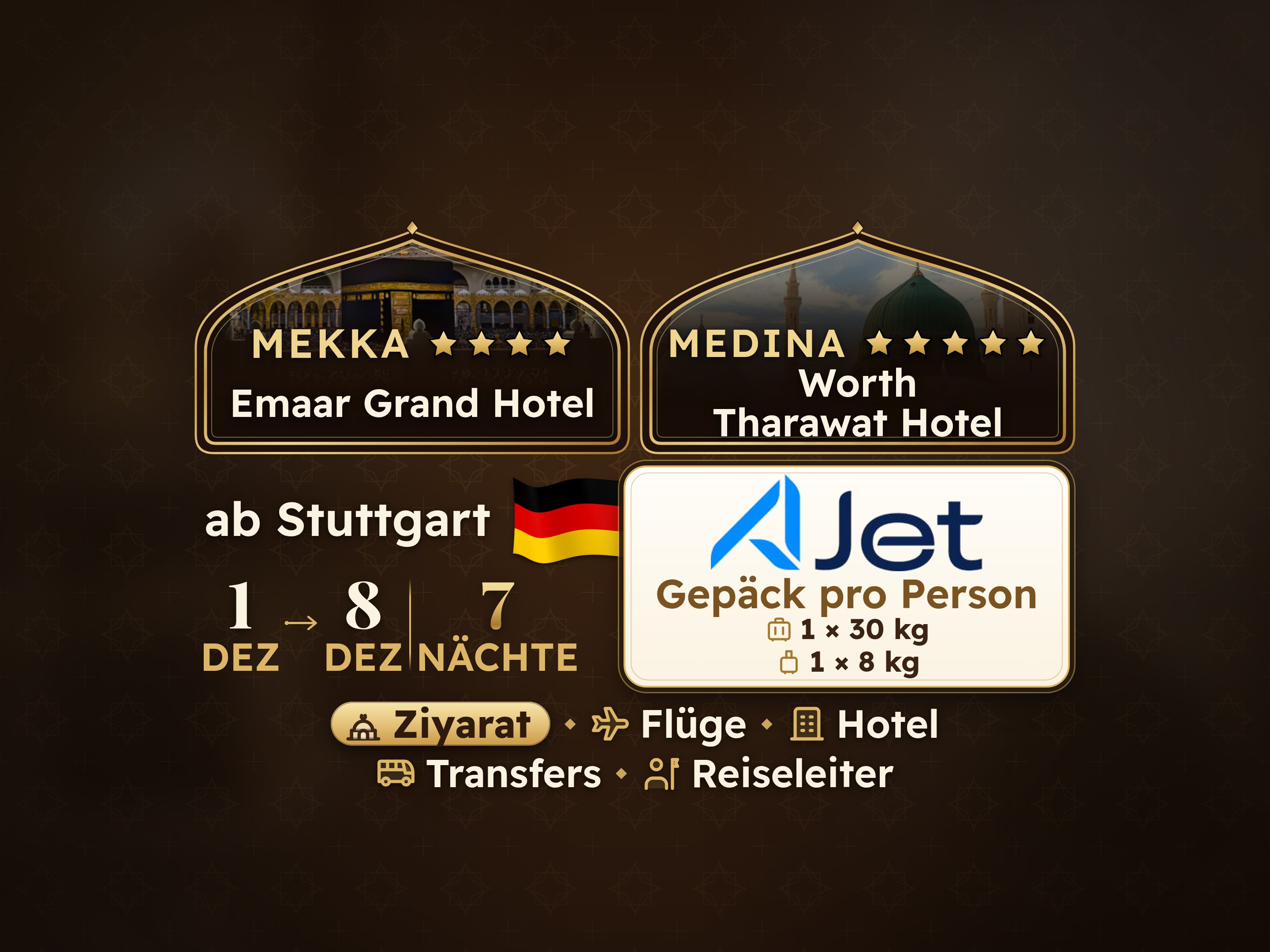 Umrah-Paket 9 Tage ab Stuttgart, Emaar Grand Makkah und Tharawat Worth Madinah