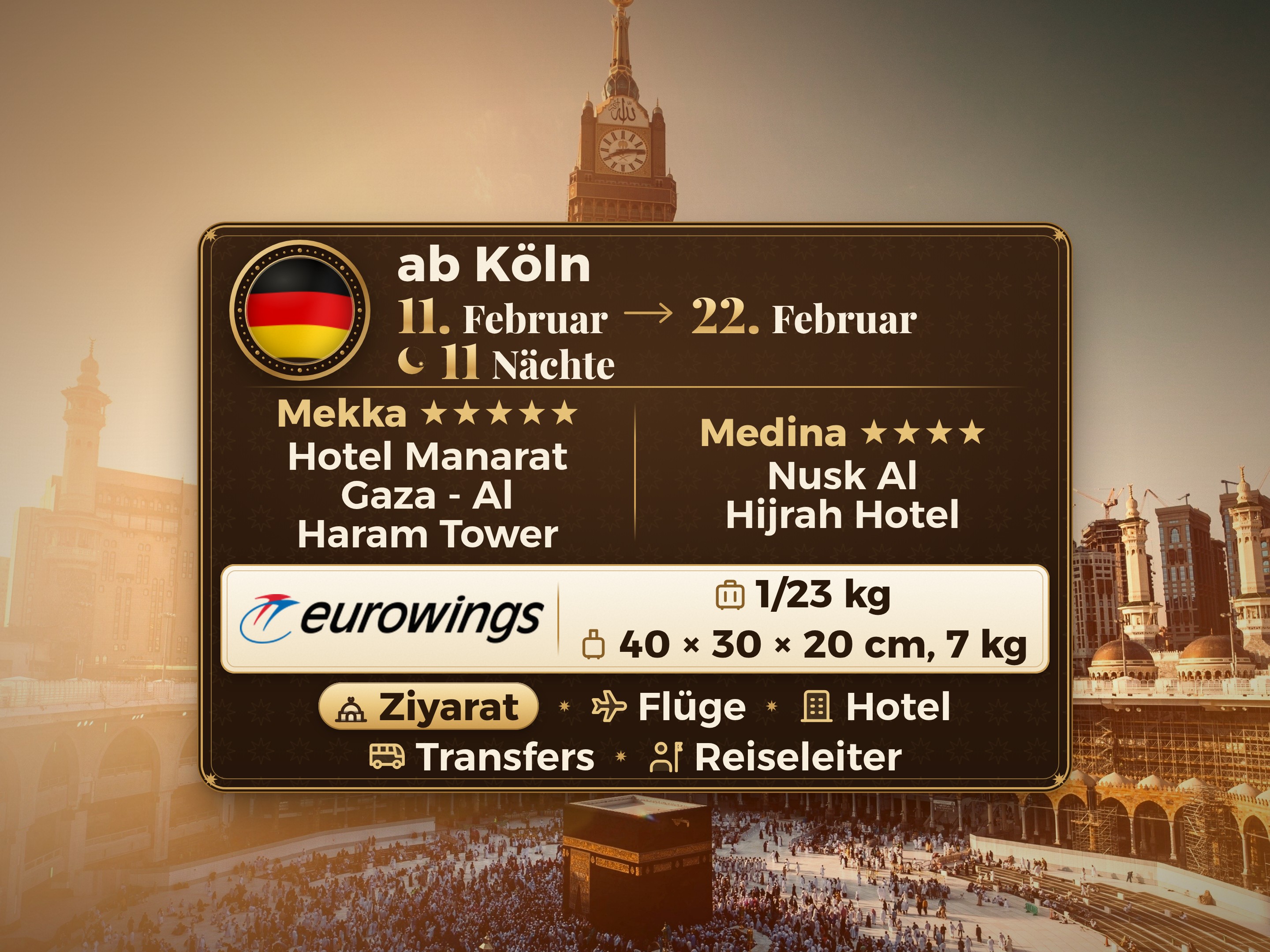 Ramadan Kareem Umrah-Paket für 12 Tage und 11 Nächte im Manarat Giza Hotel in Mekka und im Nusk Al-Hijra Hotel in Medina