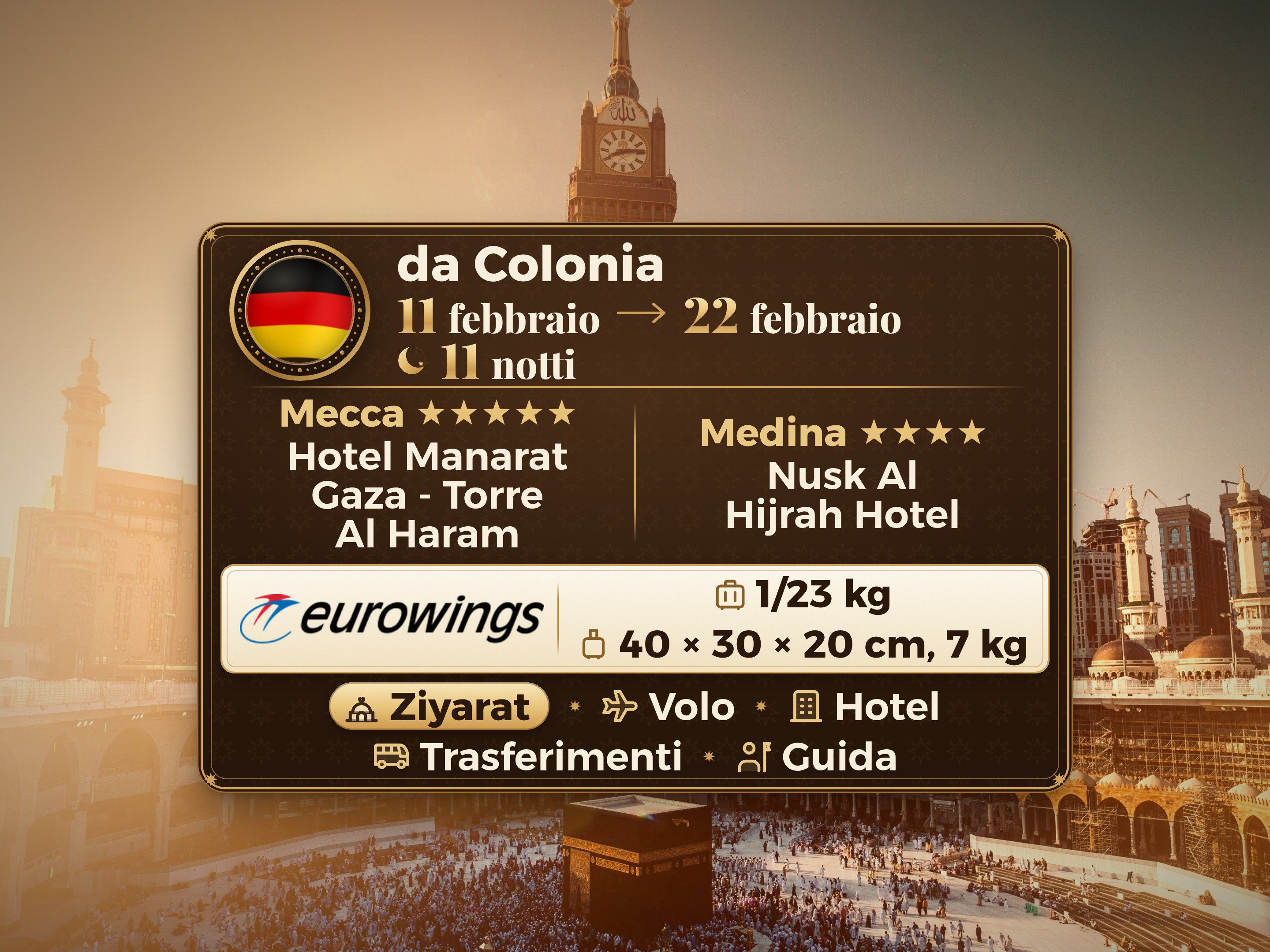 Pacchetto Umrah Ramadan Kareem di 12 giorni e 11 notti presso l'Hotel Manarat Giza a Mecca e l'Hotel Nusk Al-Hijra a Medina