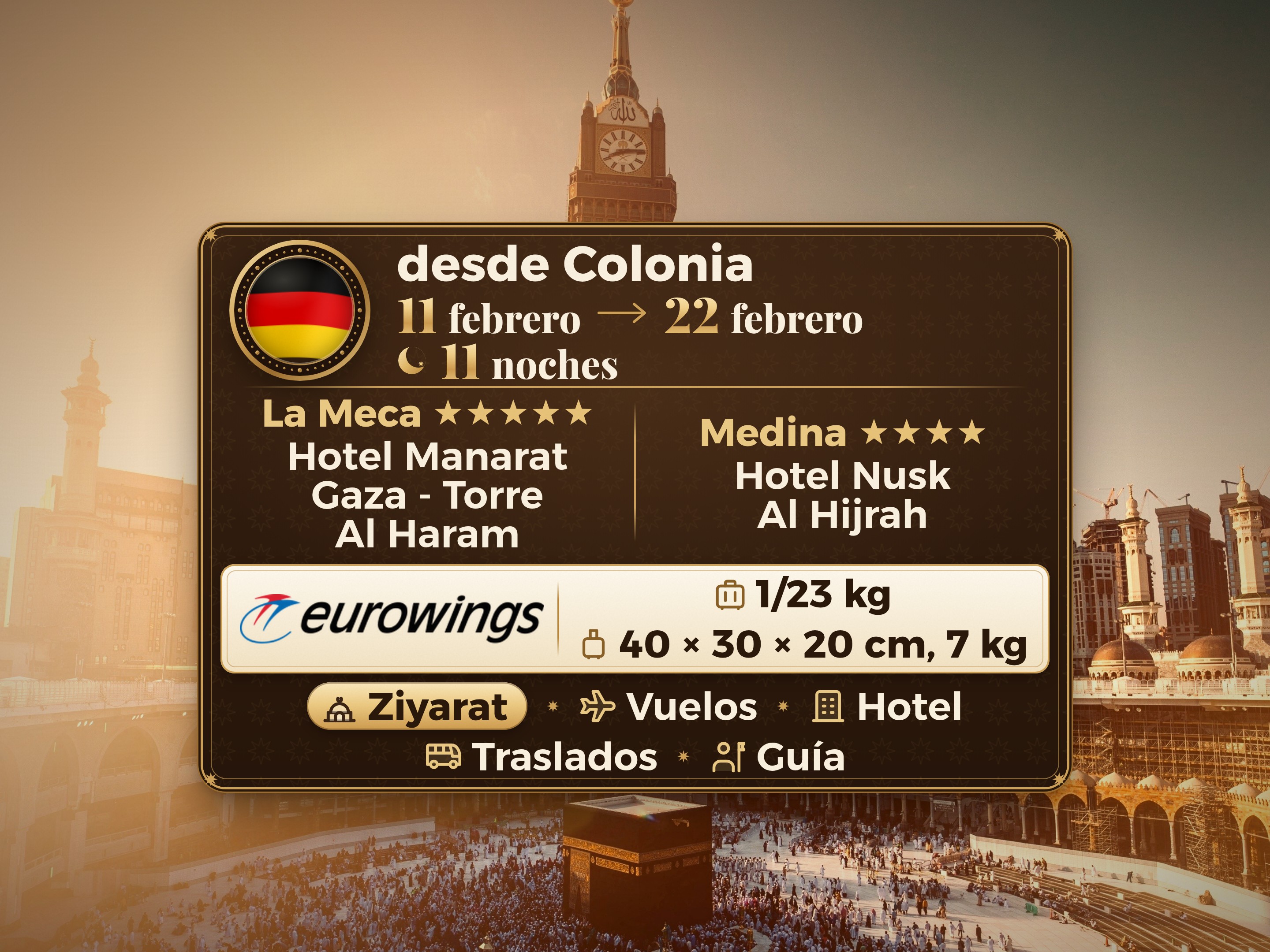 Paquete de Umrah Ramadán Kareem de 12 días y 11 noches en el Hotel Manarat Giza en La Meca y el Hotel Nusk Al-Hijra en Medina
