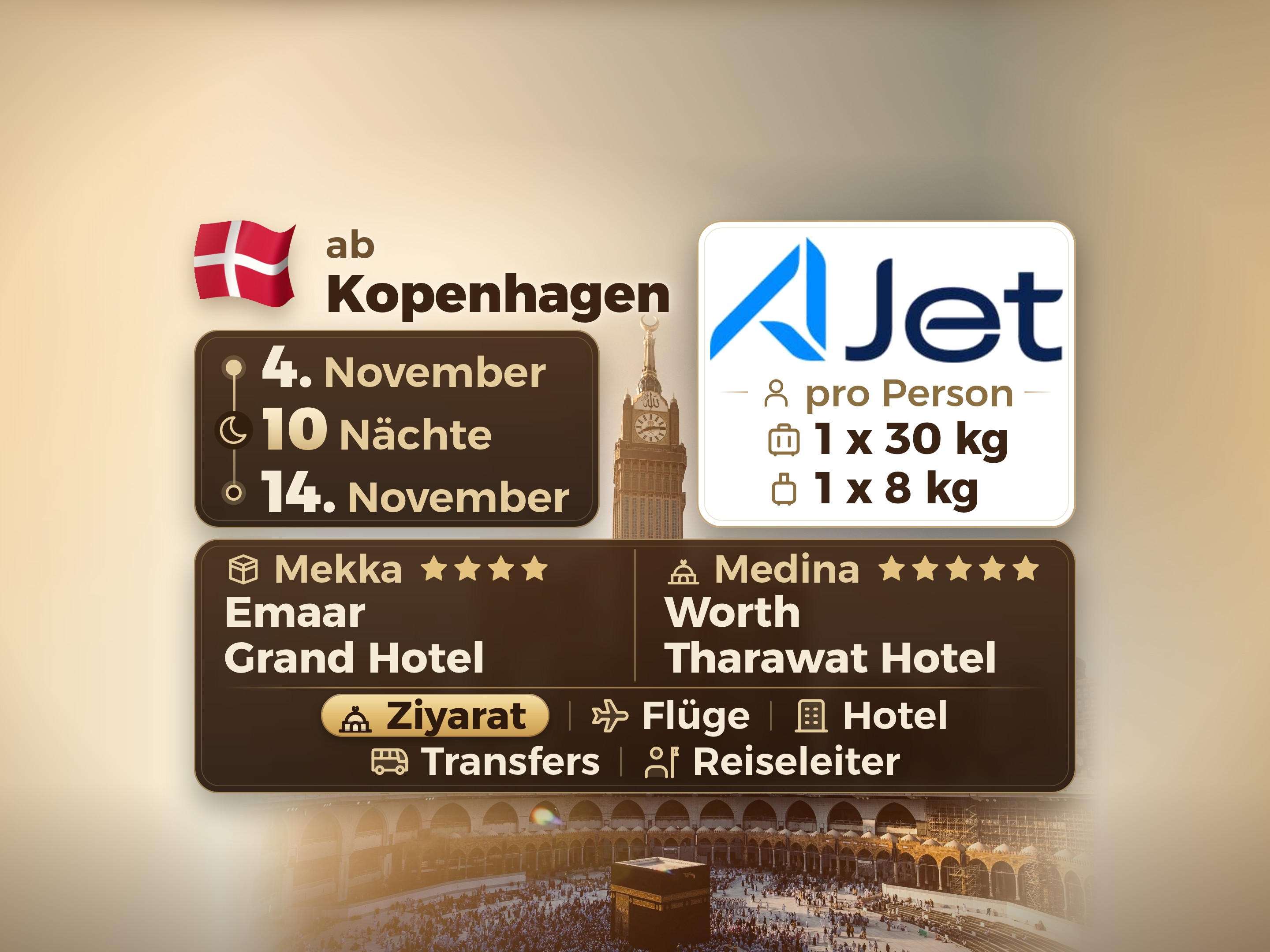 12-Tage-Umrah-Paket ab Kopenhagen, Emaar Grand Makkah und Tharawat Worth Madinah, Mekka – Umrah Express – 1