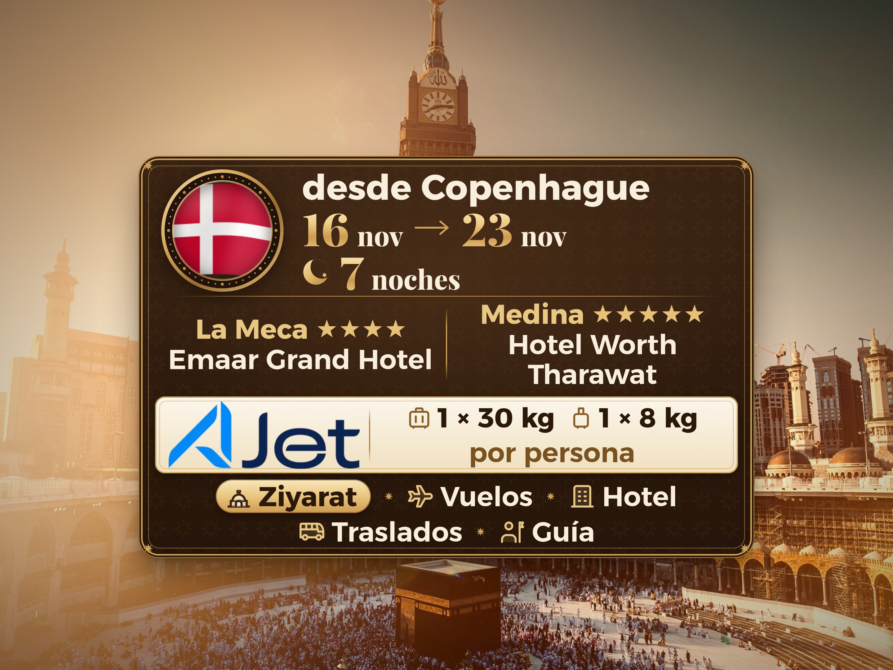 Paquete de Umrah de 9 días desde Copenhague, Tharawat Worth Madinah y Emaar Grand Makkah, La Meca – Umrah Express – 1