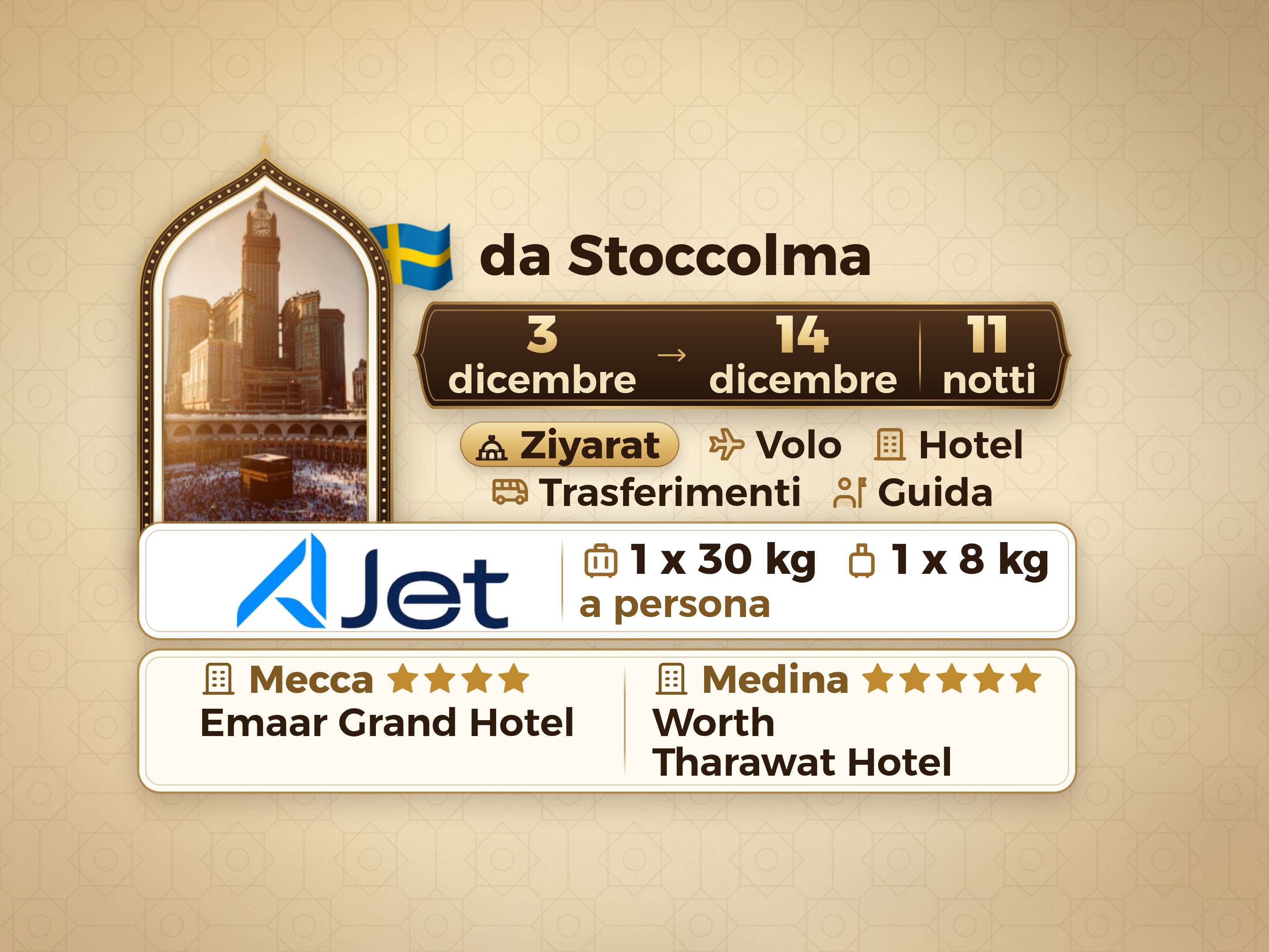 Pacchetto Umrah di 13 giorni da Stoccolma, Tharawat Worth Madinah e Emaar Grand Makkah