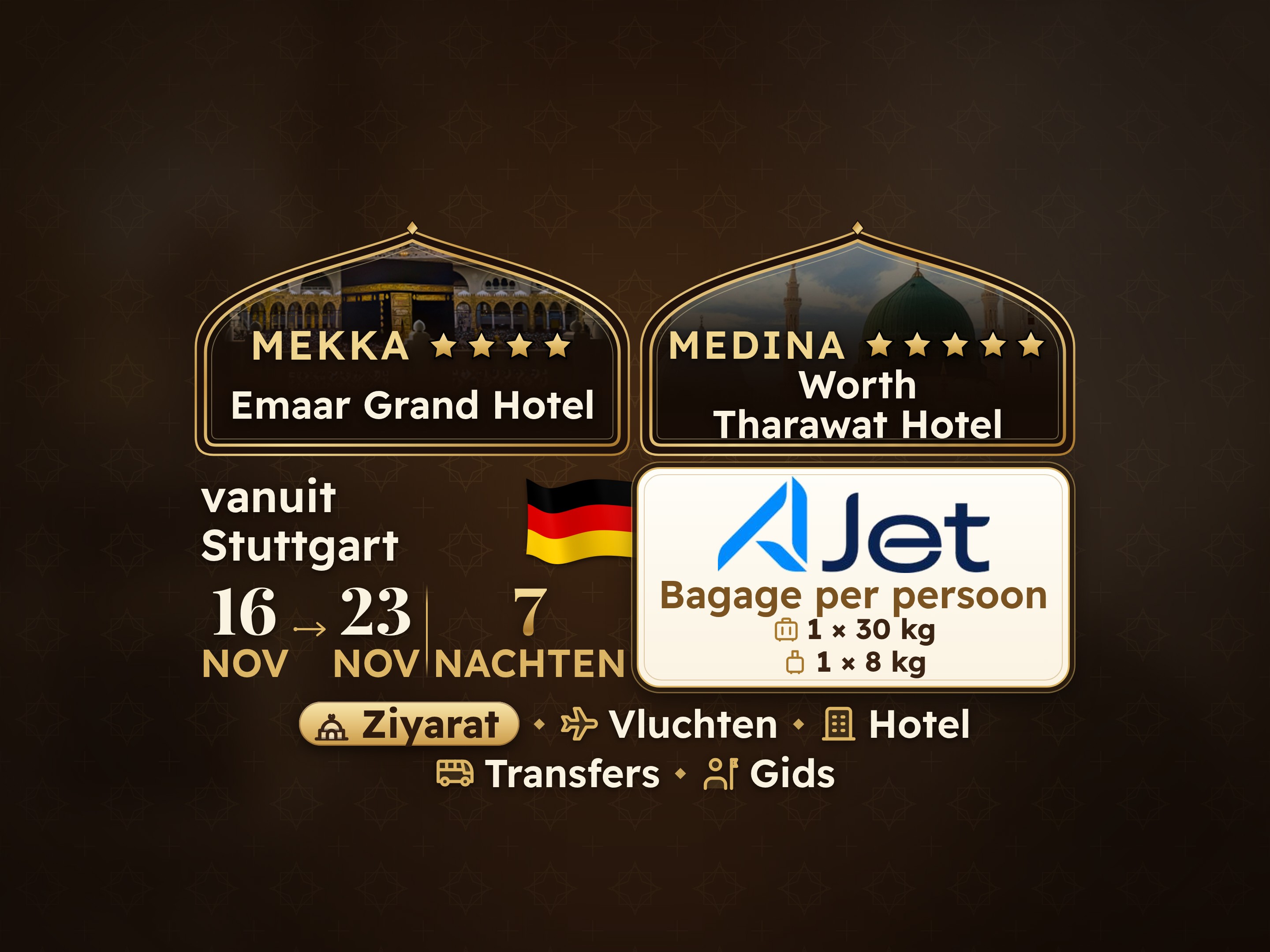 Umrah Pakket 9 Dagen vanaf Stuttgart, Tharawat Worth Madinah en Emaar Grand Makkah