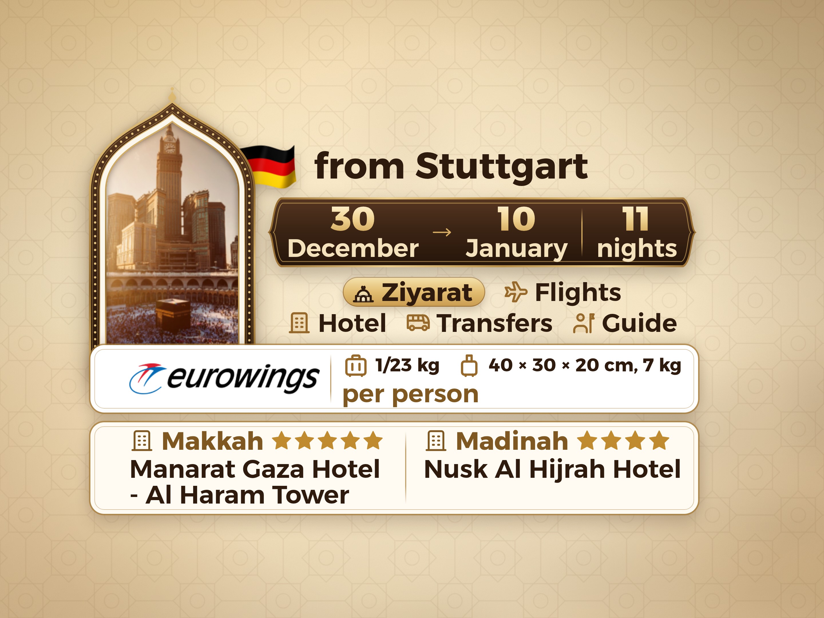 Umrah Package for 12 days 11 nights at Manarat Giza Hotel in Mecca and Nesk Al-Hijra Hotel in Medina