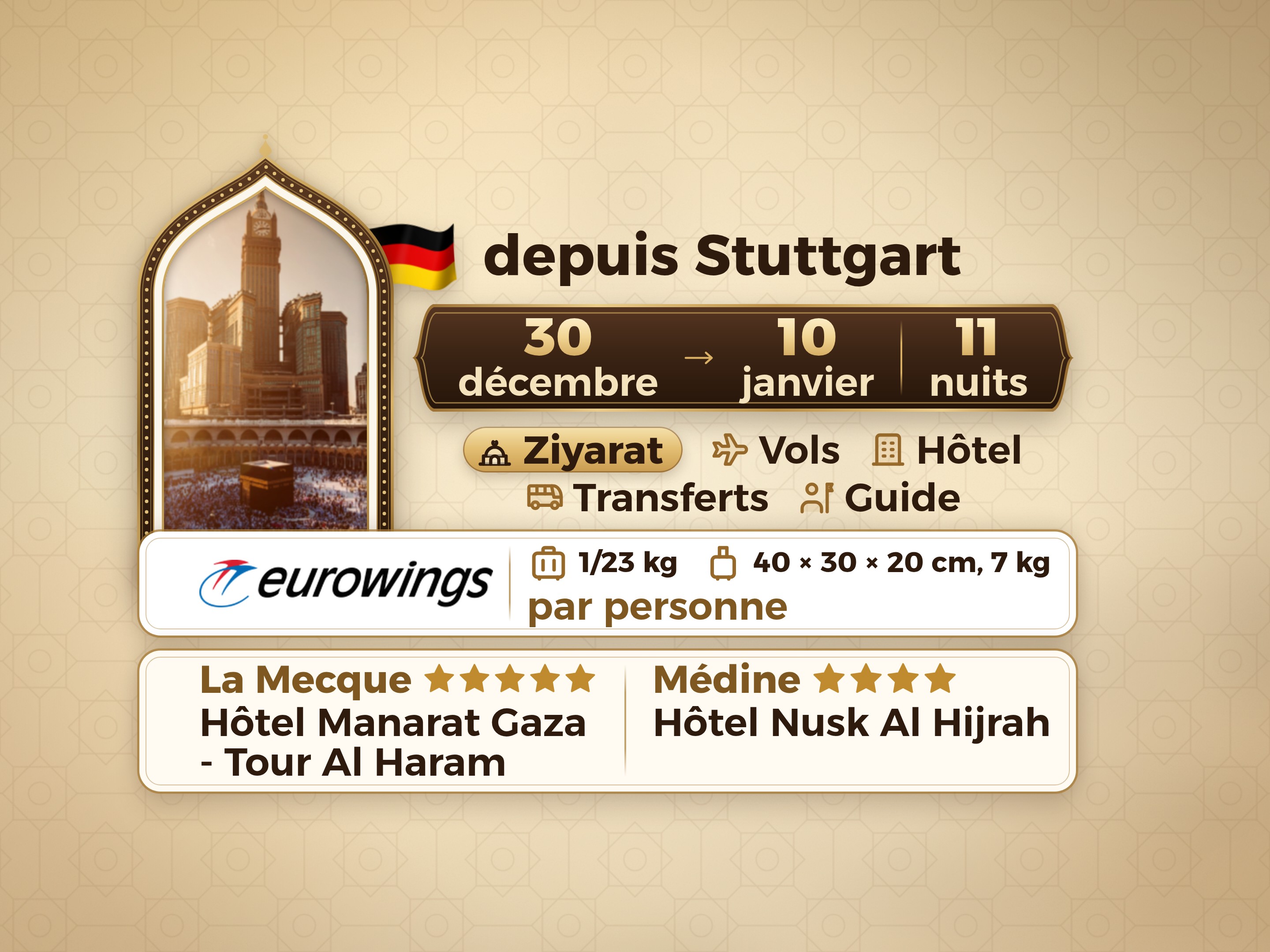 Forfait Omra de 12 jours 11 nuits à l'hôtel Manarat Giza à Makkah et à l'hôtel Nesk Al-Hijra à Médine
